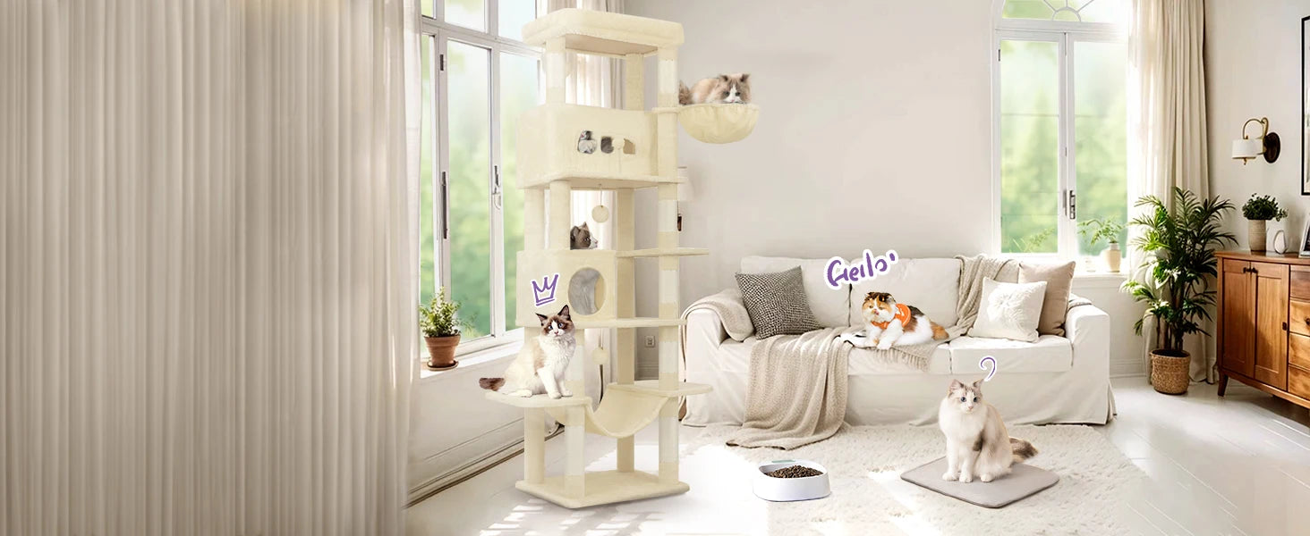 210 cm Grote Krabpaal Kattenboom – Luxe Multi-Level Kattenhuis met Krabpalen, Hangmat & Speelgoed voor Grote en Meerdere Katten