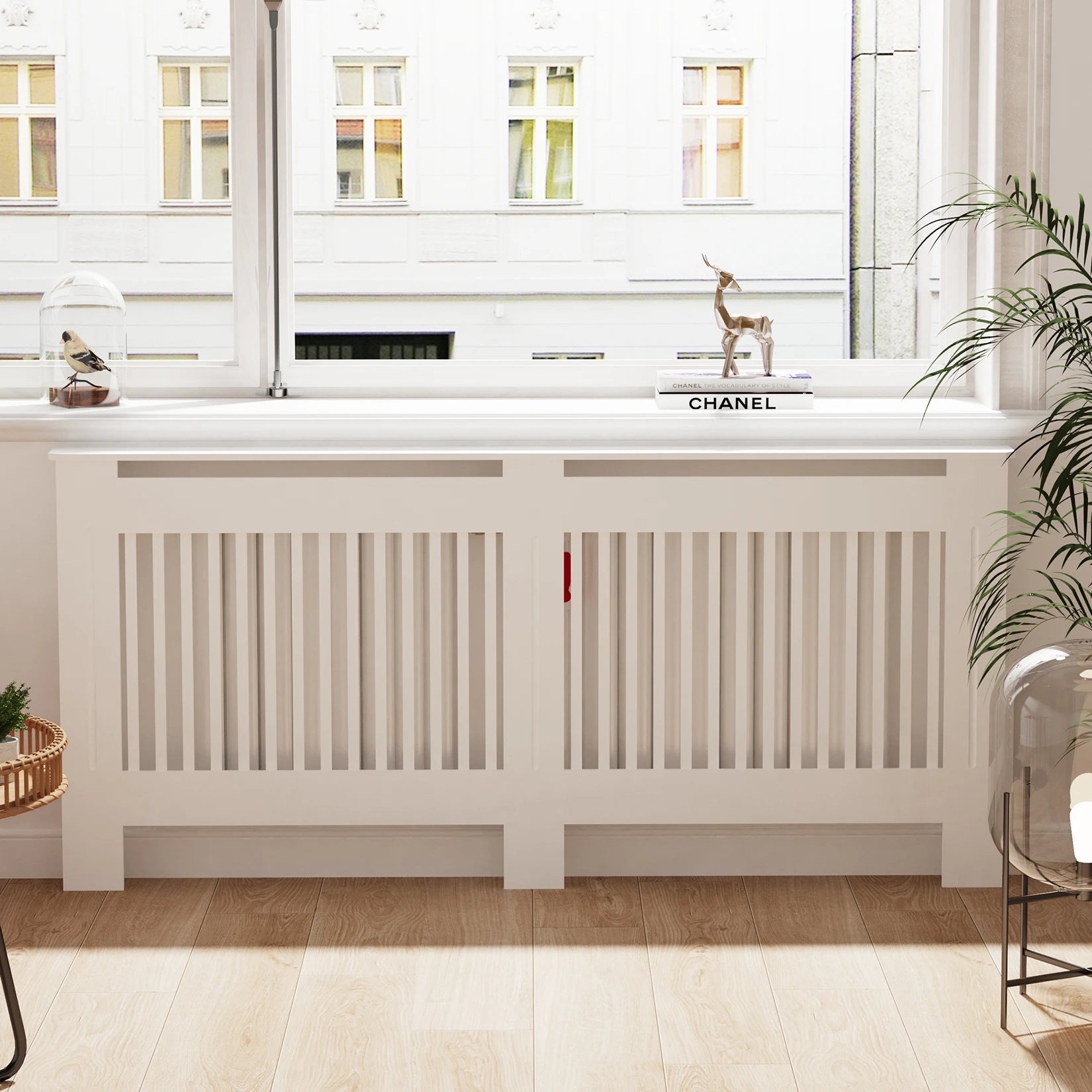 Moderne Radiator Cover Hoog – MDF Radiator Ombouw met Verticale Lamellen | Witte Radiator Kast met Plank