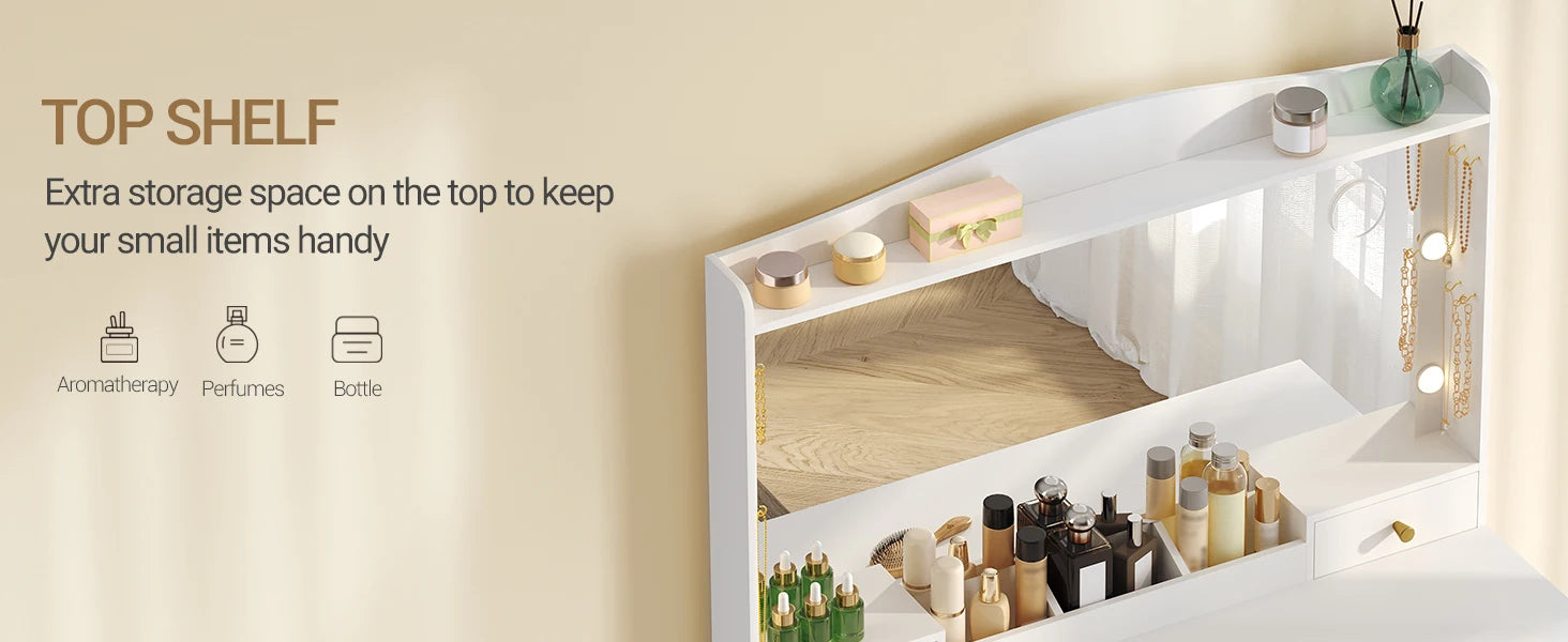Moderne Kaptafel met LED‑Spiegel, 3 Kleuren LED‑Licht, 5 Laden en Opbergkast – Wit