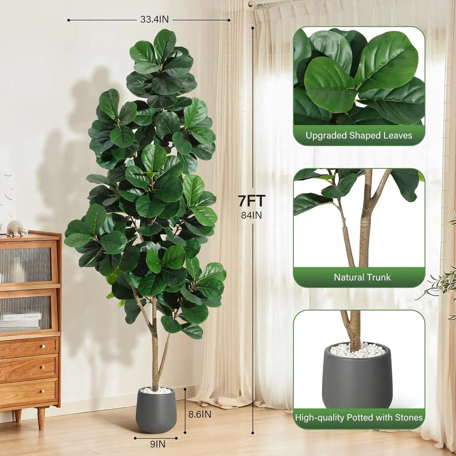 Kunstmatige Ficus Lyrata (Vioolbladplant) 120–210 cm met Witte Pot – Realistische Nep Plant voor Woonkamer & Kantoor