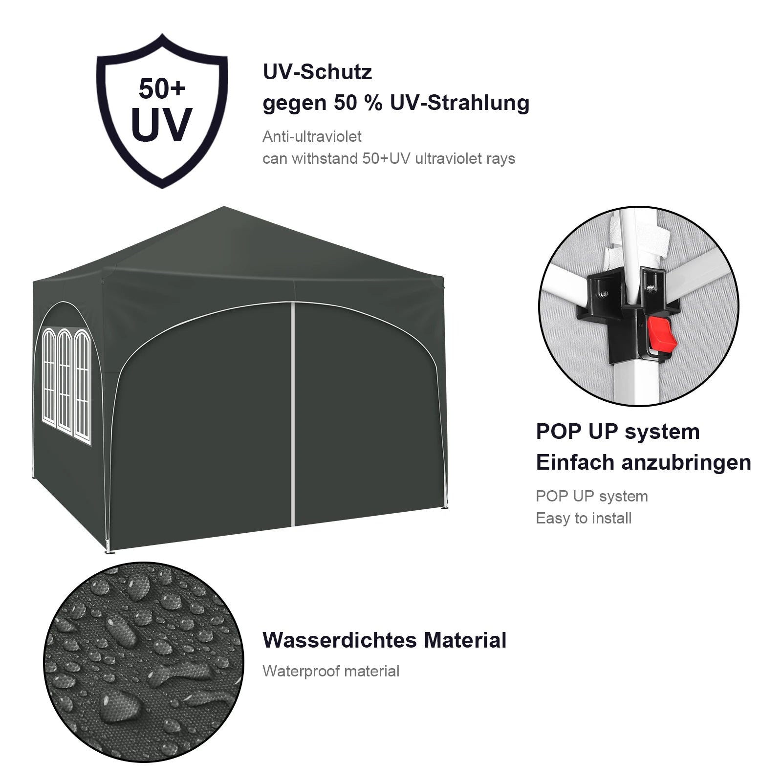Opvouwbare Partytent 3x3 m Waterafstotend – Pop-up Tuintent met 4 Zijwanden, UV50+ Bescherming & Draagtas
