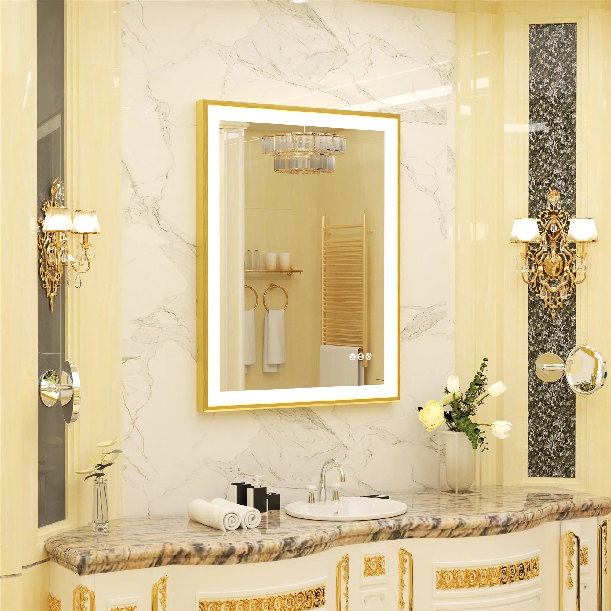 LED Badkamerspiegel Goud Frame – Dimbaar met 3 Lichtkleuren & Anti-Condens