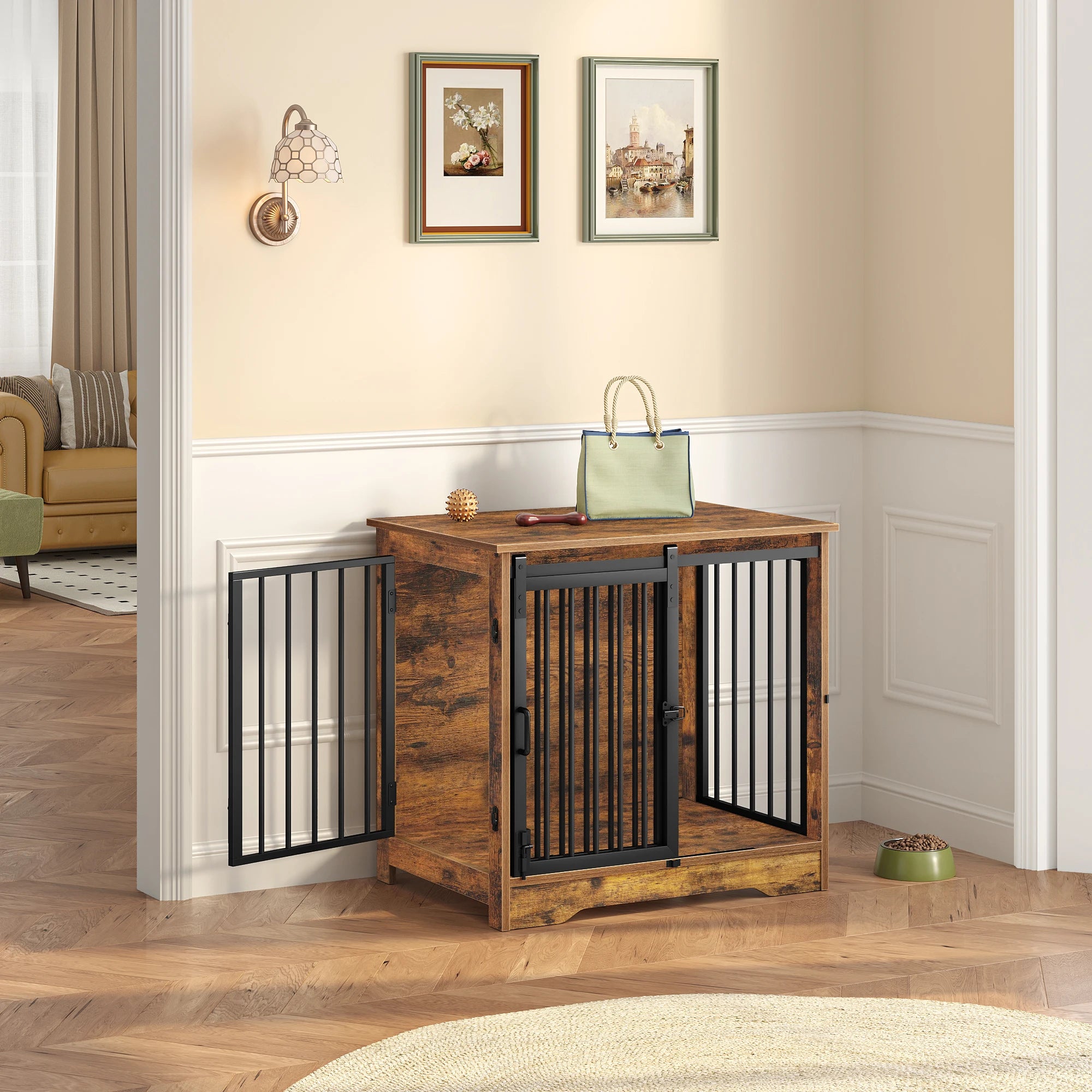 Houten Hondenbench Meubel met 2 Deuren – Industriële Hondenkooi Binnen – Hond Bench Tafel voor Kleine Honden – Vintage Bruin