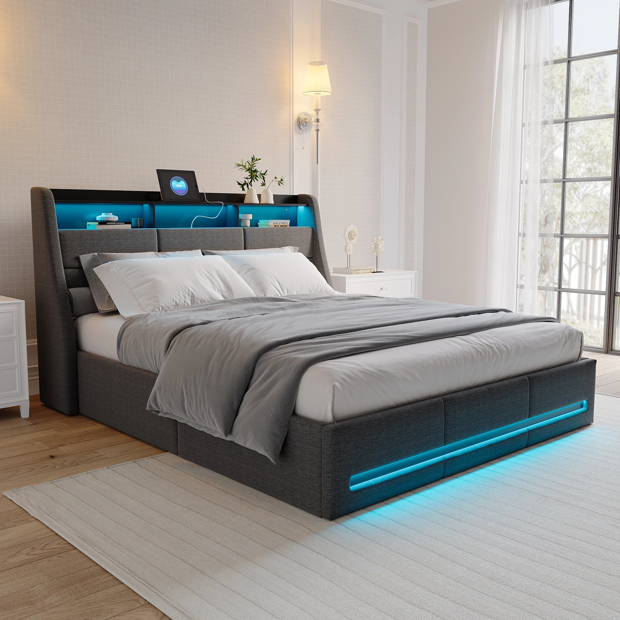 Gestoffeerd tweepersoonsbed 140/160x200 cm met LED‑hoofdeinde, USB‑oplaadfunctie en hydraulische opbergruimte