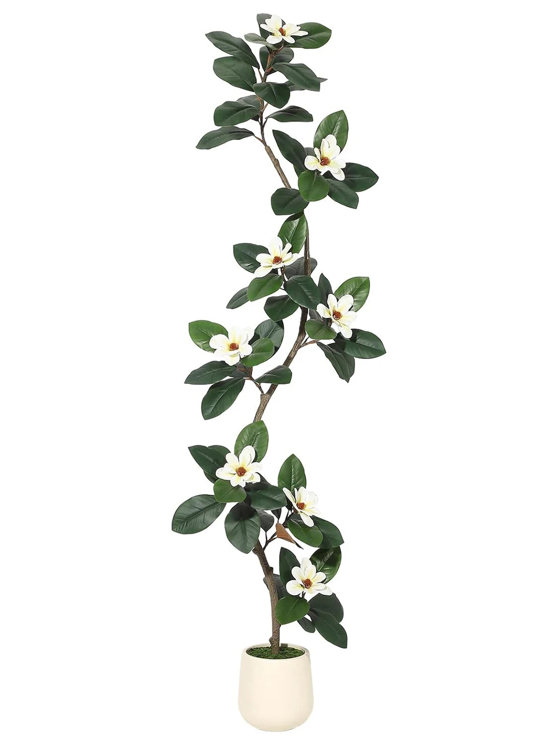 Kunstmatige Rubberboom met Magnoliabloemen – S-vormige Nepplant in Witte Pot voor Binnen, Realistische Kunstplant Groot Formaat