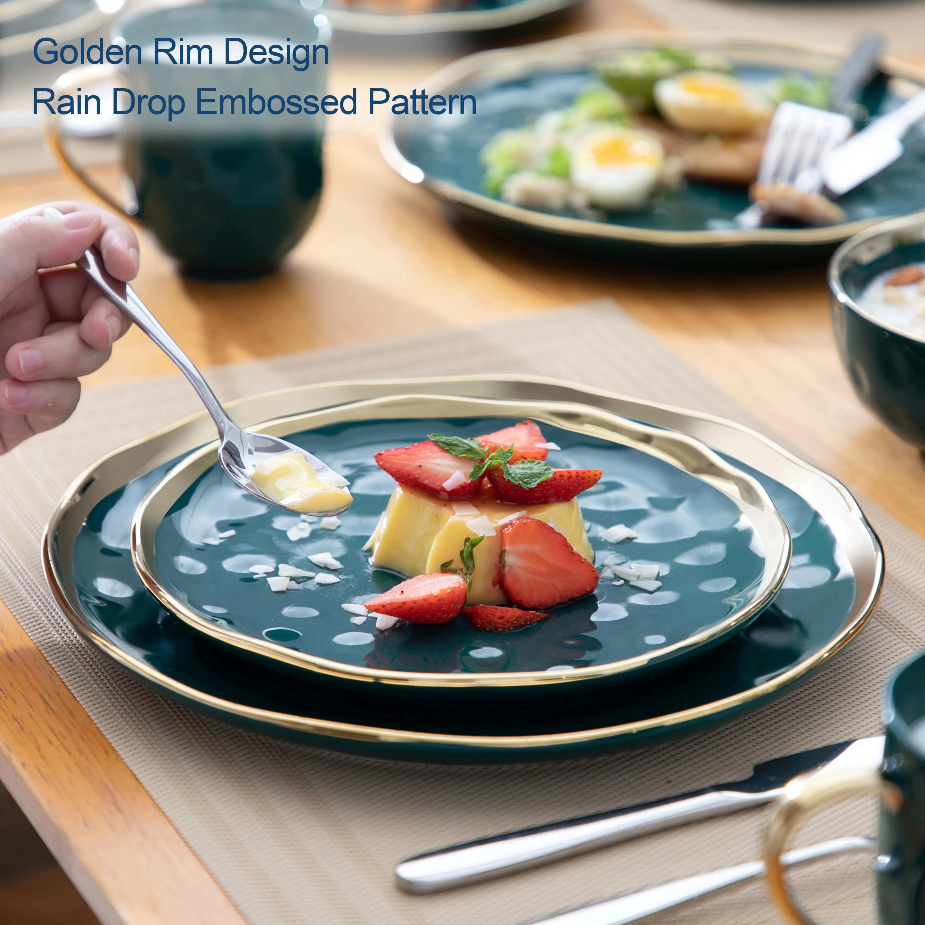 Servies Set 16-Delig Groen Porselein met Gouden Rand – Luxe Keramisch Servies voor 4 Personen