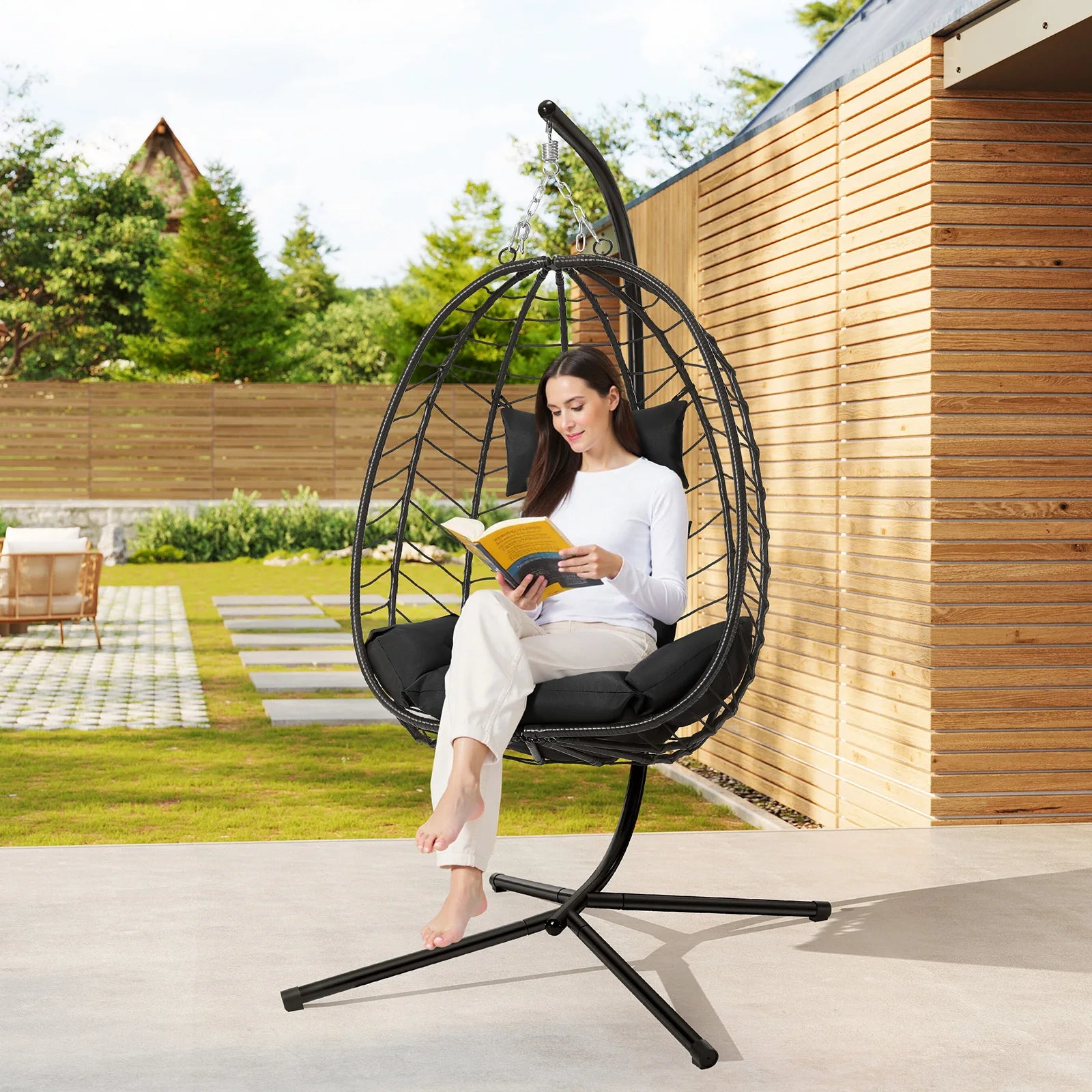 Egg Chair Hangstoel met Standaard – Schommelstoel voor Tuin, Balkon & Woonkamer – Inclusief Kussen en Hoofdsteun – Belastbaar tot 150 kg