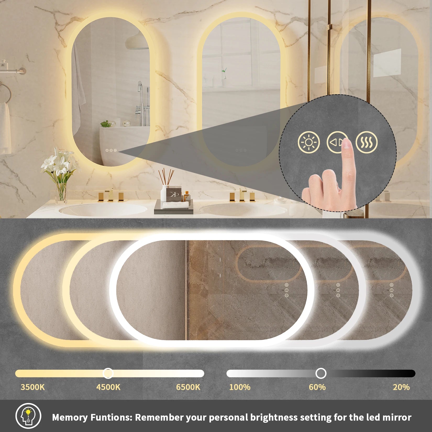 Ovale LED Badkamerspiegel met Verlichting en Anti-Condens – Frameloze Wandspiegel met Touchsensor en Dimbaar Licht