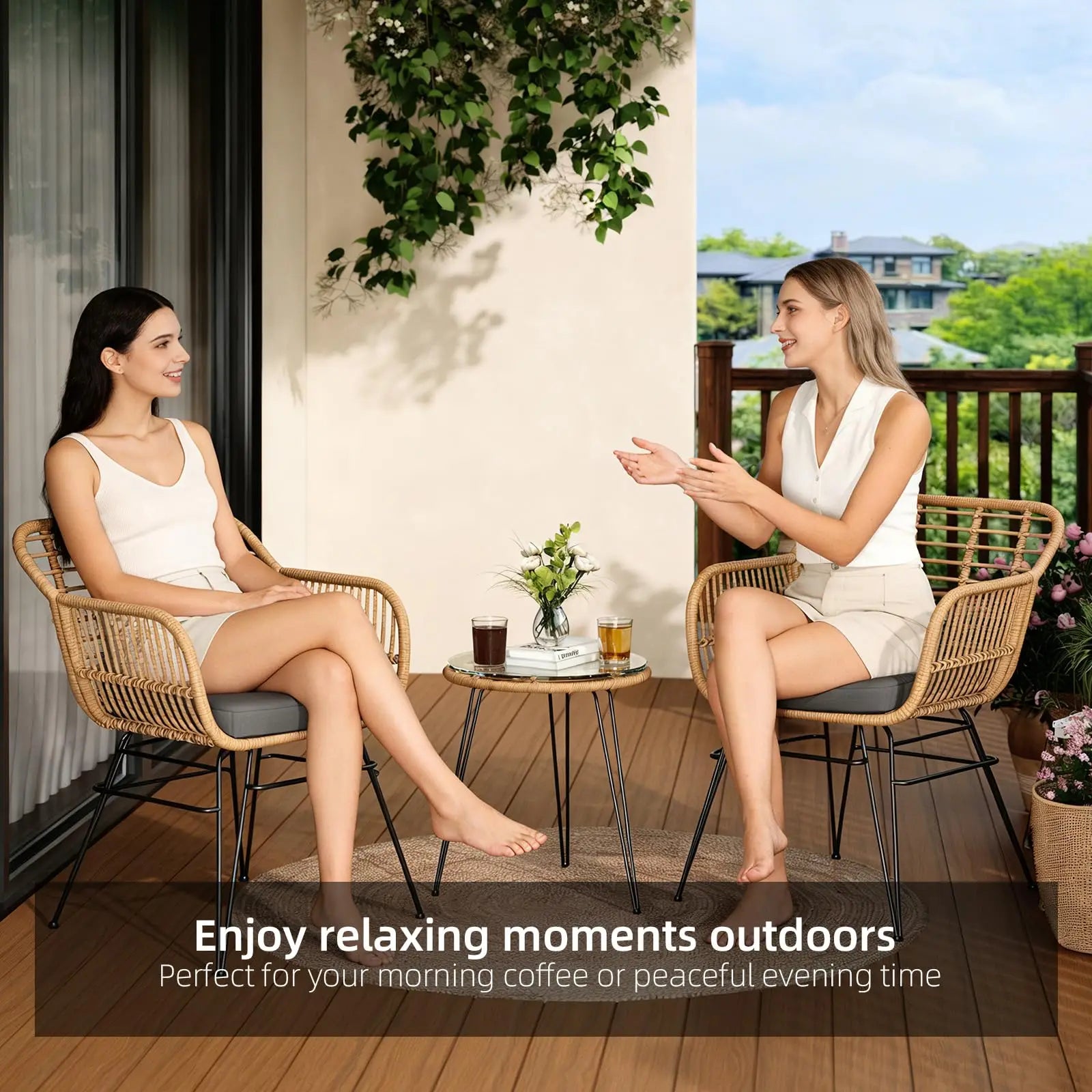 3-Delige Rotan Bistroset met Kussens – 2 Tuinstoelen & Glazen Bijzettafel – Balkonset voor Tuin, Terras & Balkon