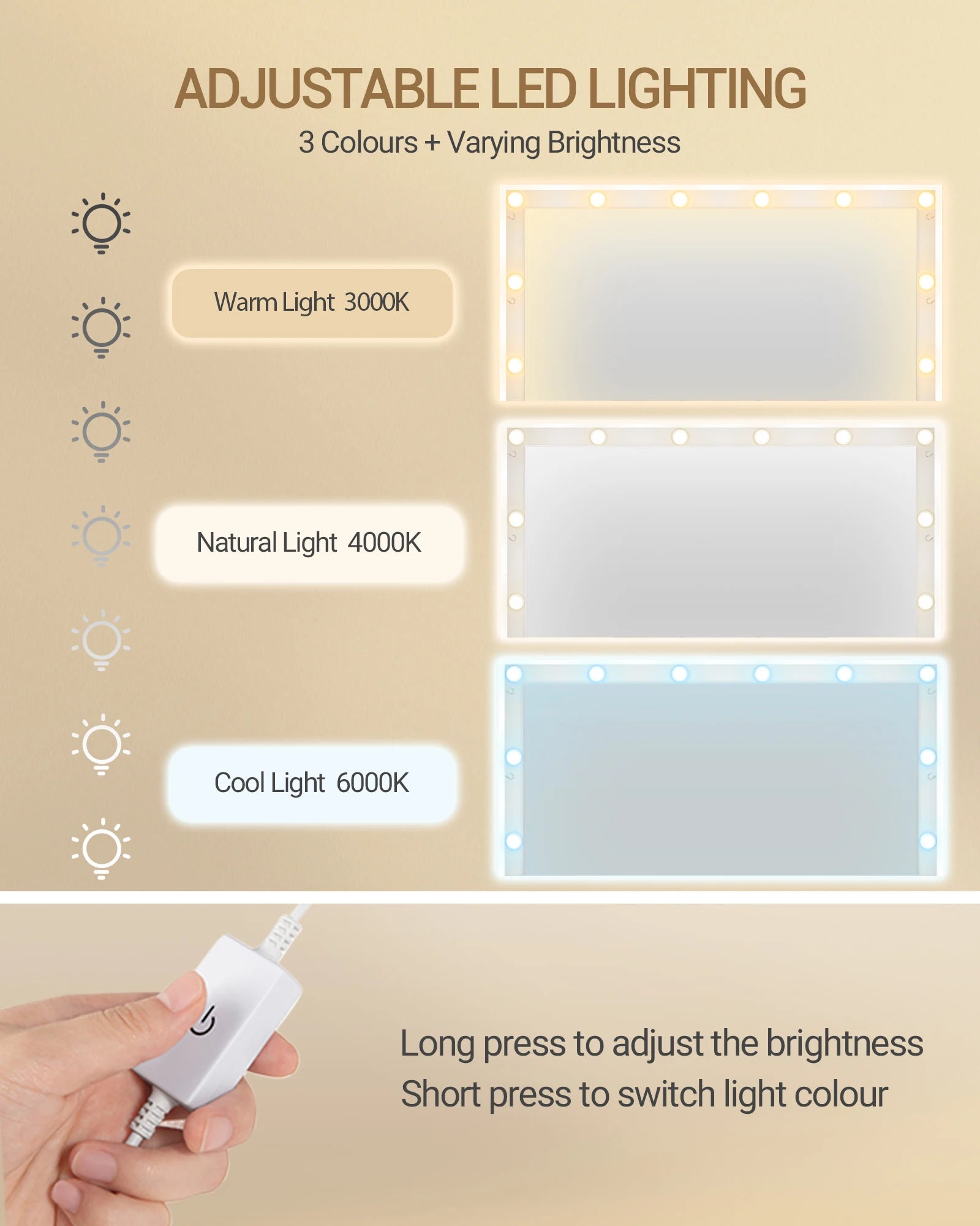 Moderne Kaptafel met LED‑Spiegel, 3 Kleuren LED‑Licht, 5 Laden en Opbergkast – Wit