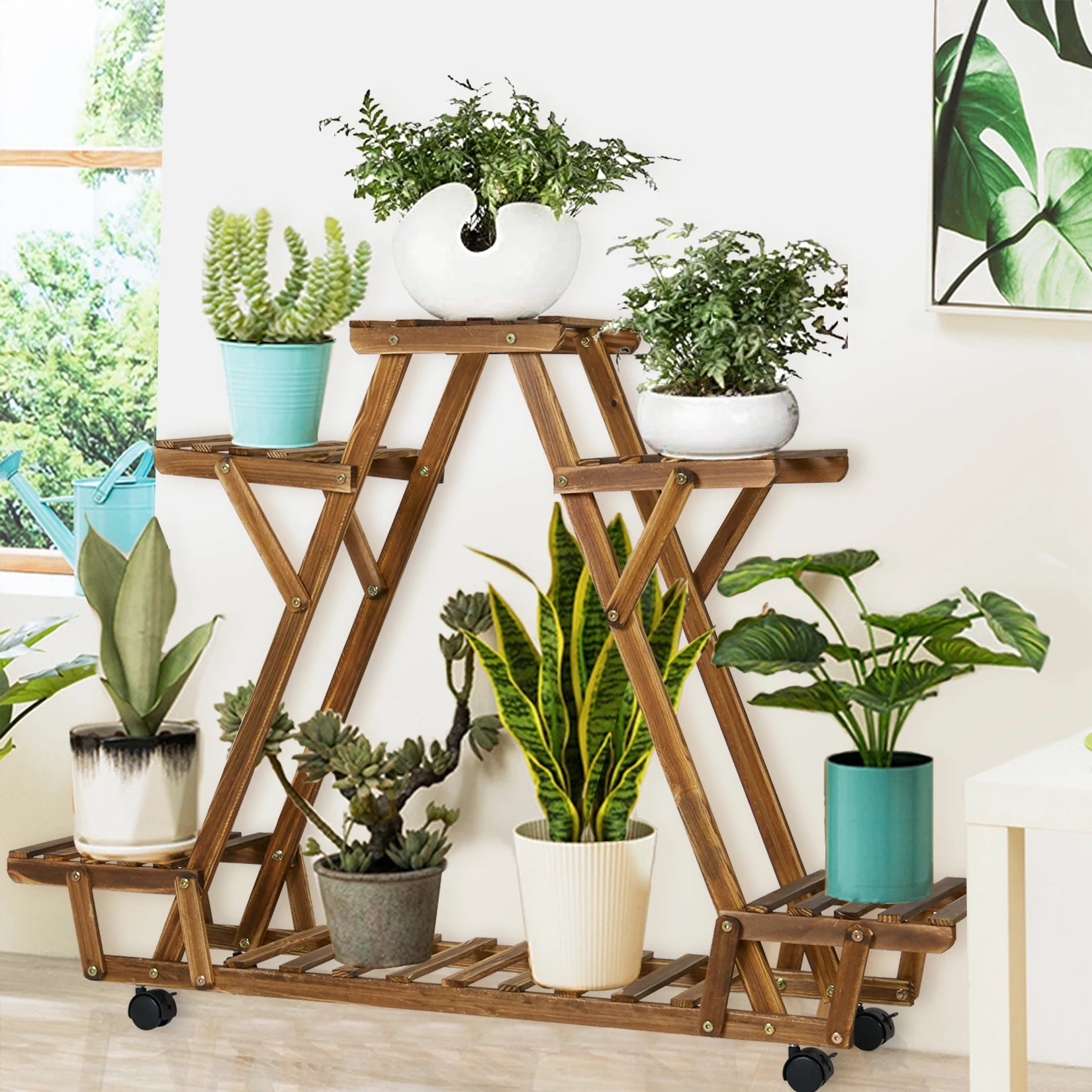 Driehoekig Plantenrek met Wielen – 6 Lagen Houten Bloemenstandaard voor Binnen & Balkon