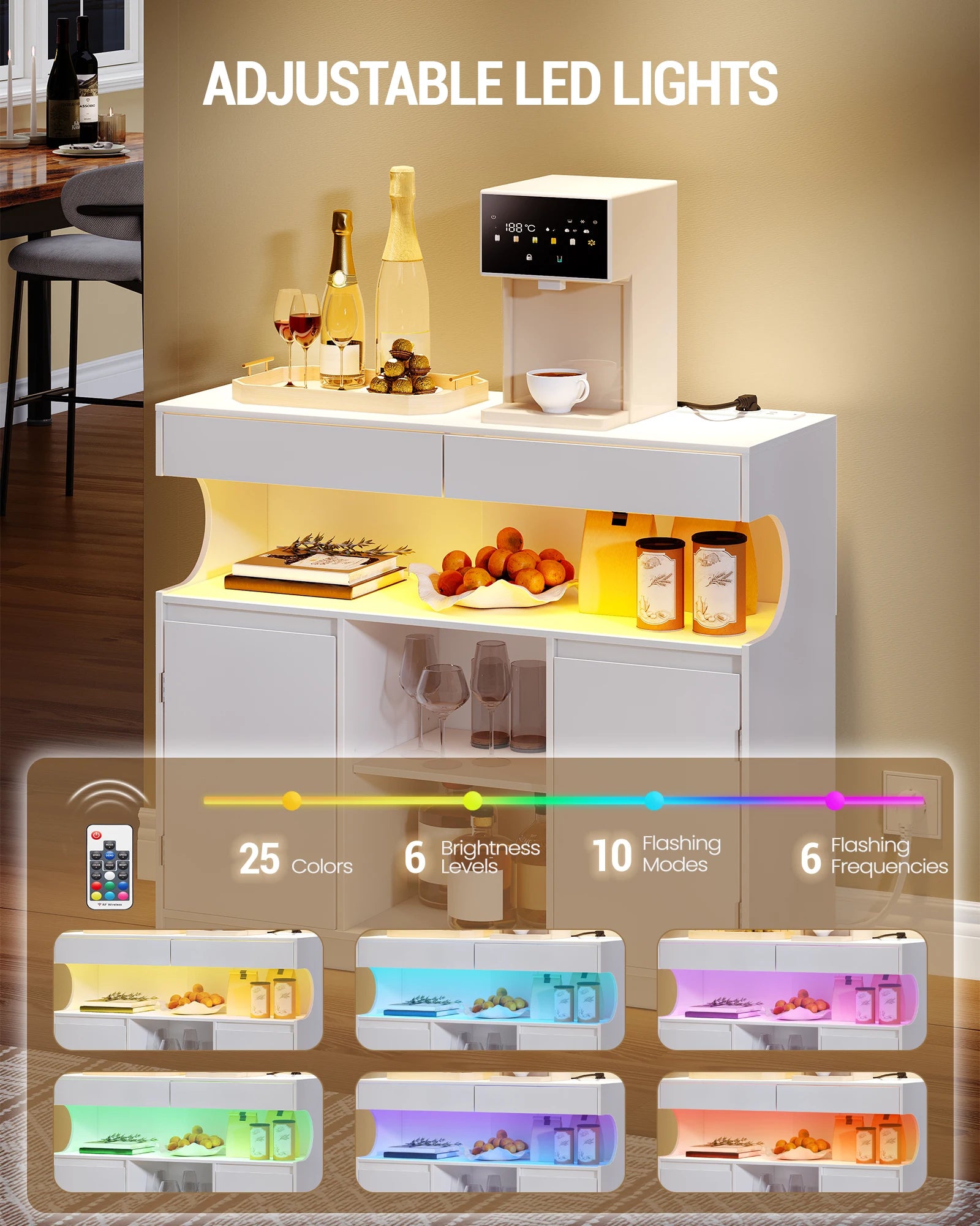 Moderne keuken en opbergkast met LED‑licht & geïntegreerde stopcontacten – multifunctionele buffetkast