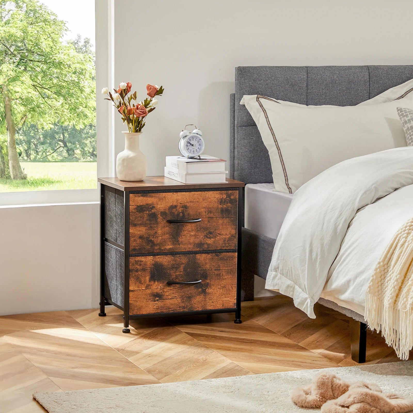 Multifunctioneel Nachtkastje met 2 Stoffen Lades – Modern Bijzettafel voor Slaapkamer en Woonkamer