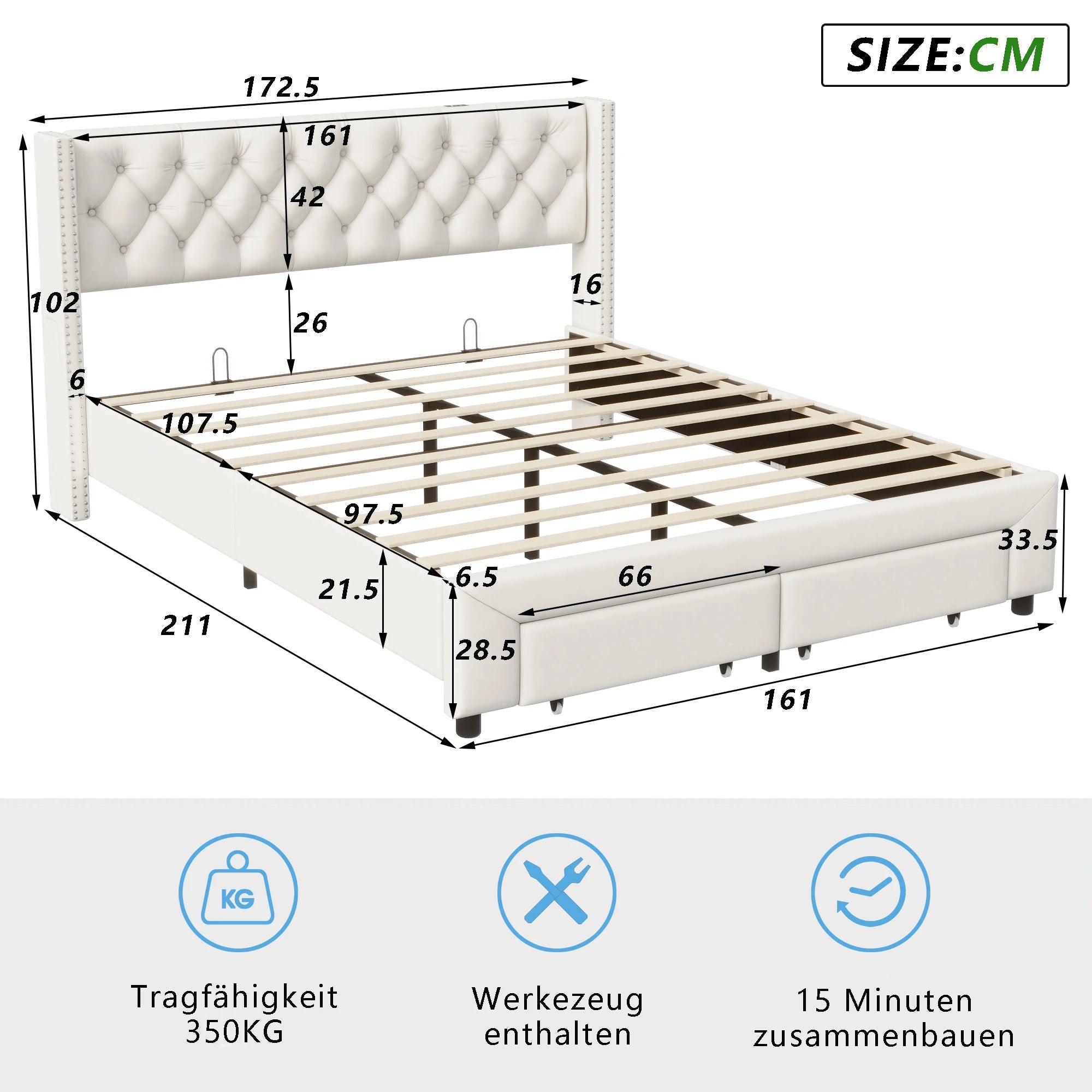 Fluwelen tweepersoonsbed met LED-verlichting, USB-poort en opberglades