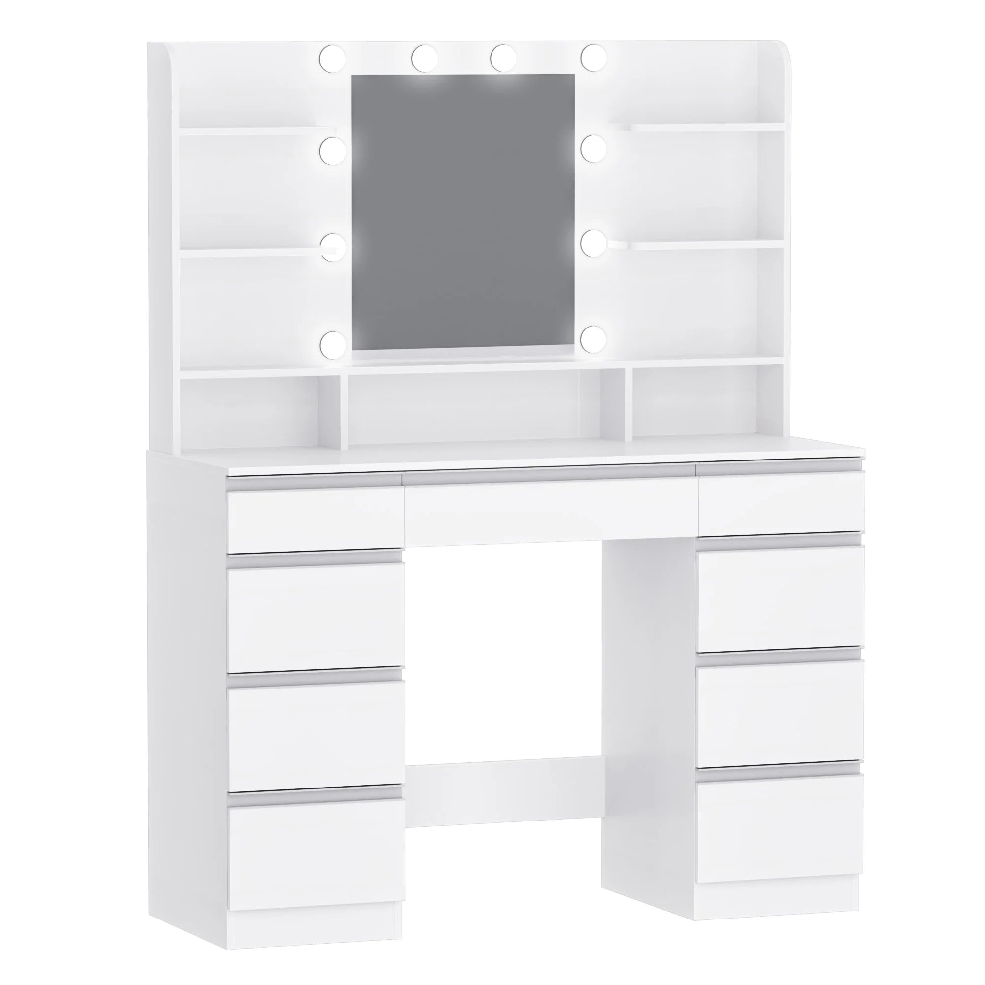 Kaptafel met LED Verlichting en Spiegel – Moderne Make-up Tafel met 10 Lampen, 9 Laden en Opbergruimte – Wit Goud Design