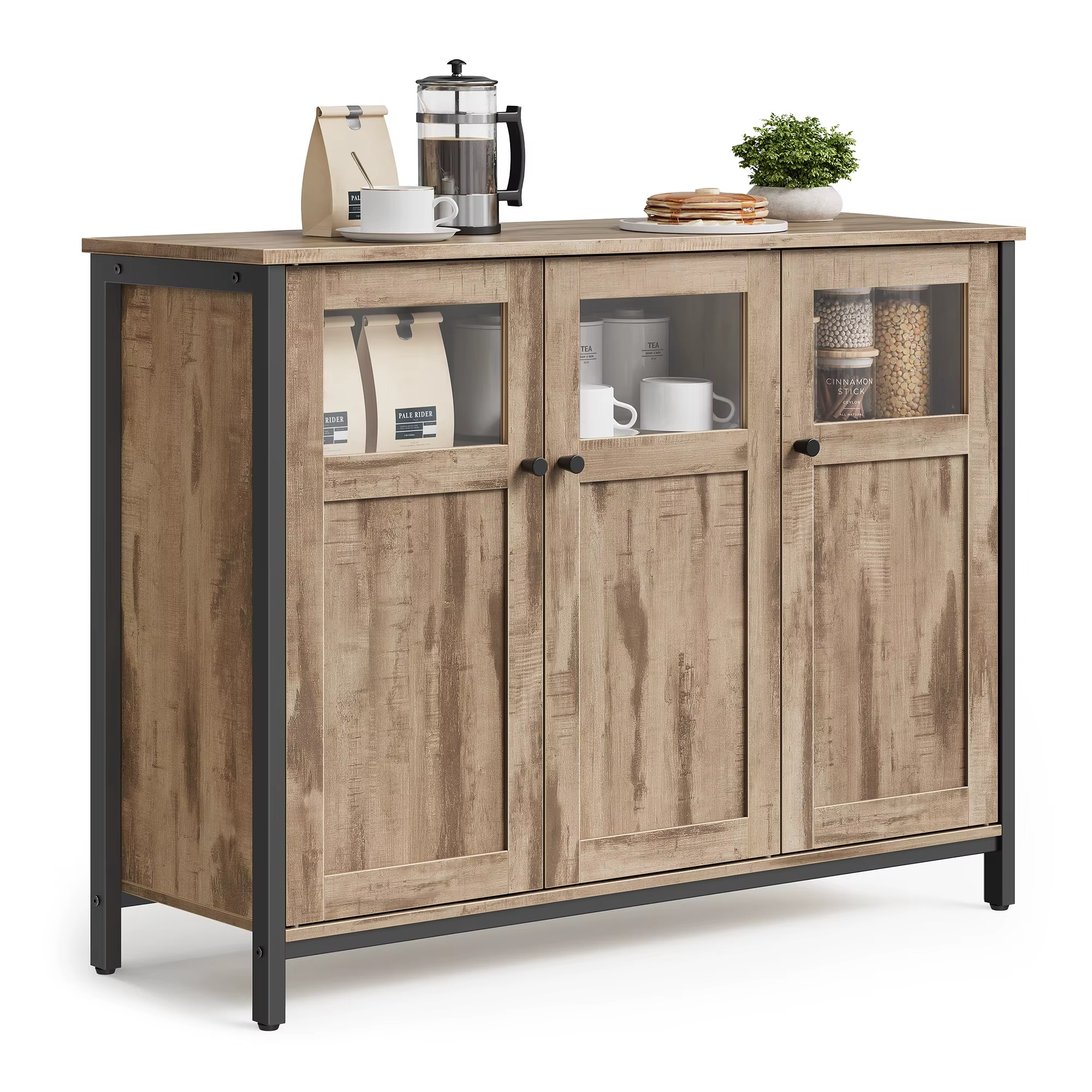 Industriële Dressoir met Glazen Deuren – Stalen Frame Opbergkast