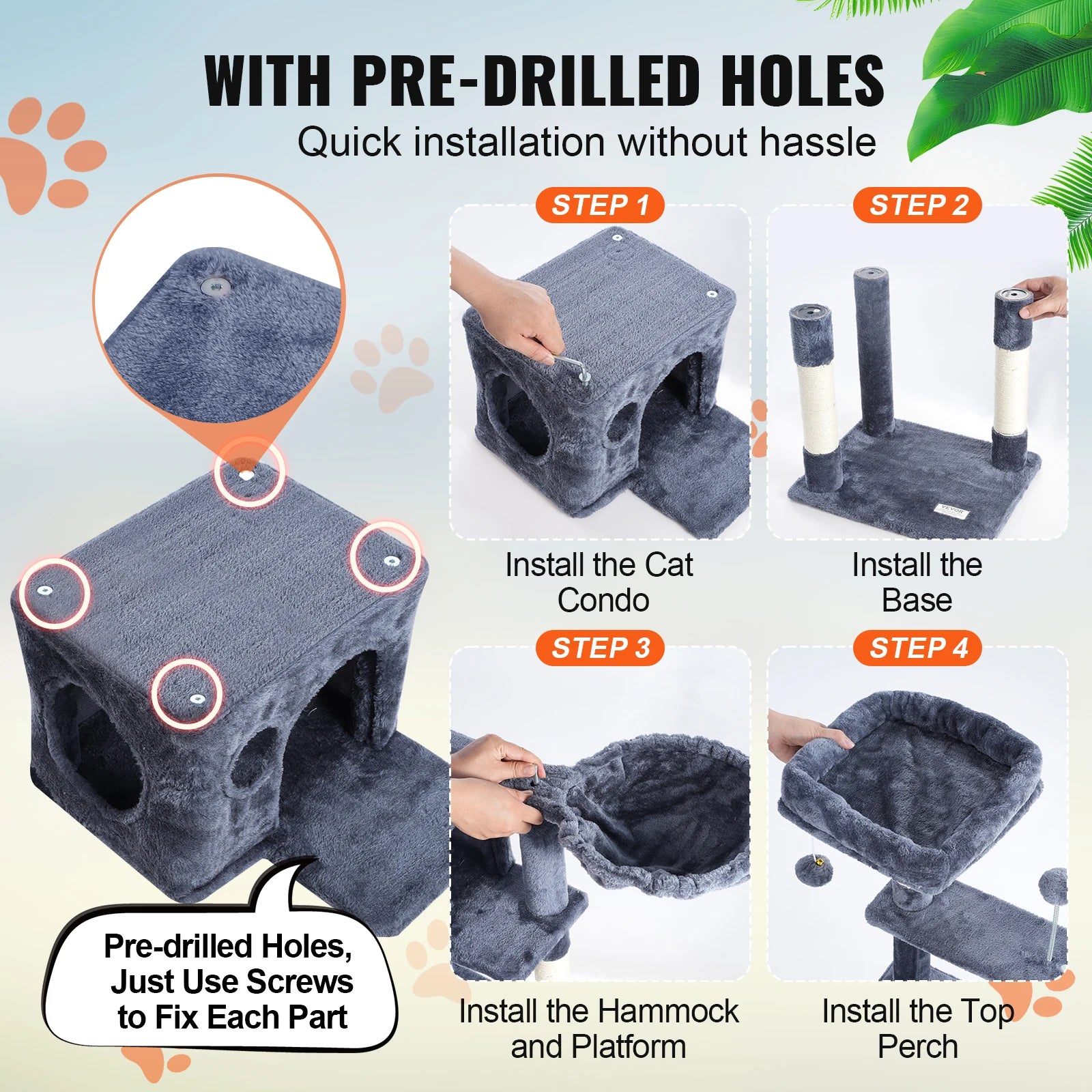 Kattenboom met Krabpaal en Hangmat – 5 Niveaus Donkergrijs met Huis en Speeltjes voor Binnenkatten