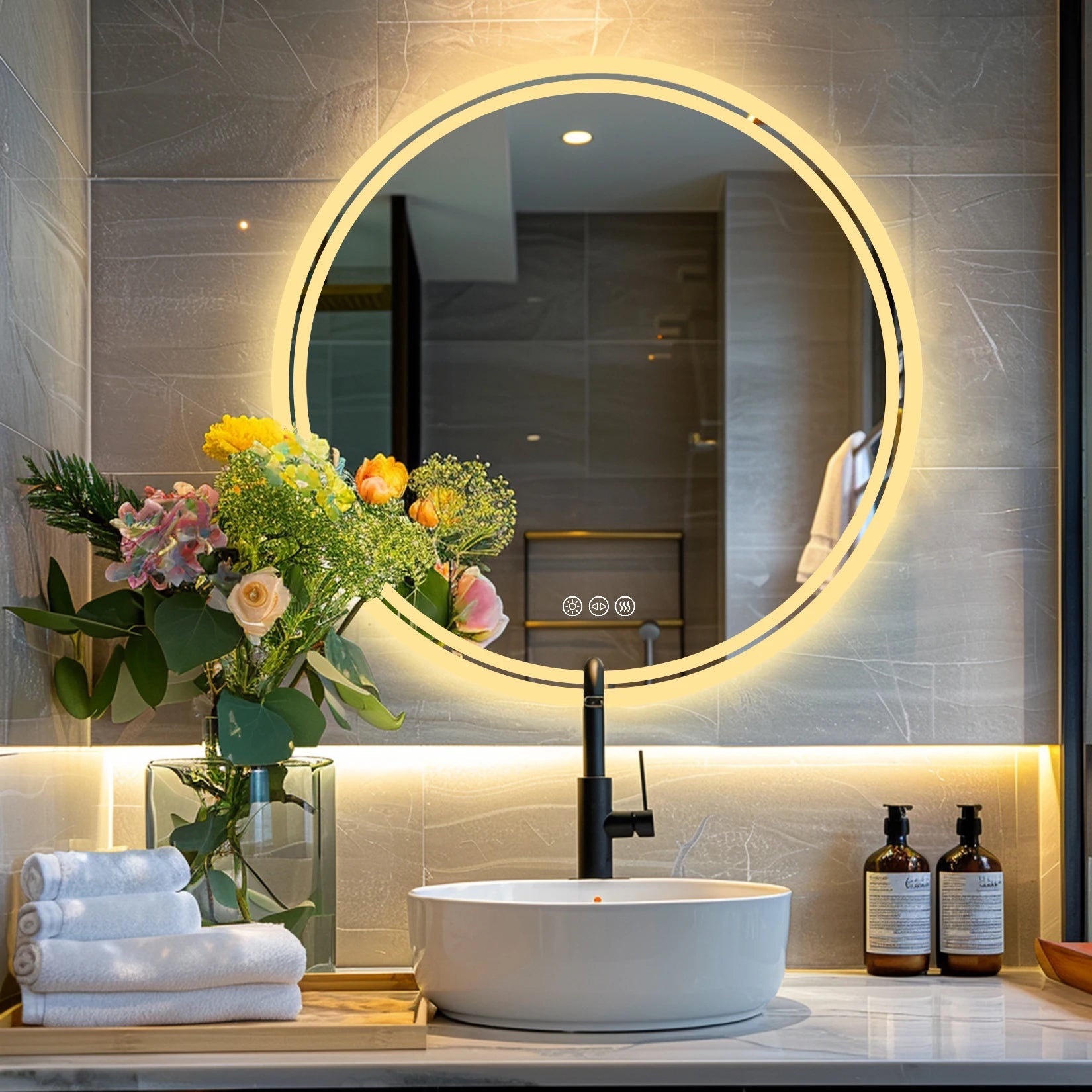 LED Badkamerspiegel Rond – Dimbaar met Anti-Condens, 3 Lichtkleuren & Touch Sensor IP65 Waterdicht