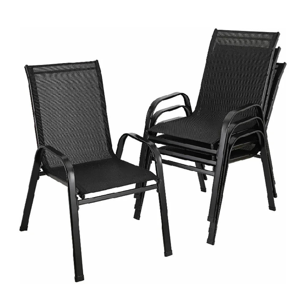 Set van 4 Stapelbare Tuinstoelen – Metalen Tuinstoelen met Hoge Rugleuning & Teslin Zitting – Zwart – Tot 150 kg