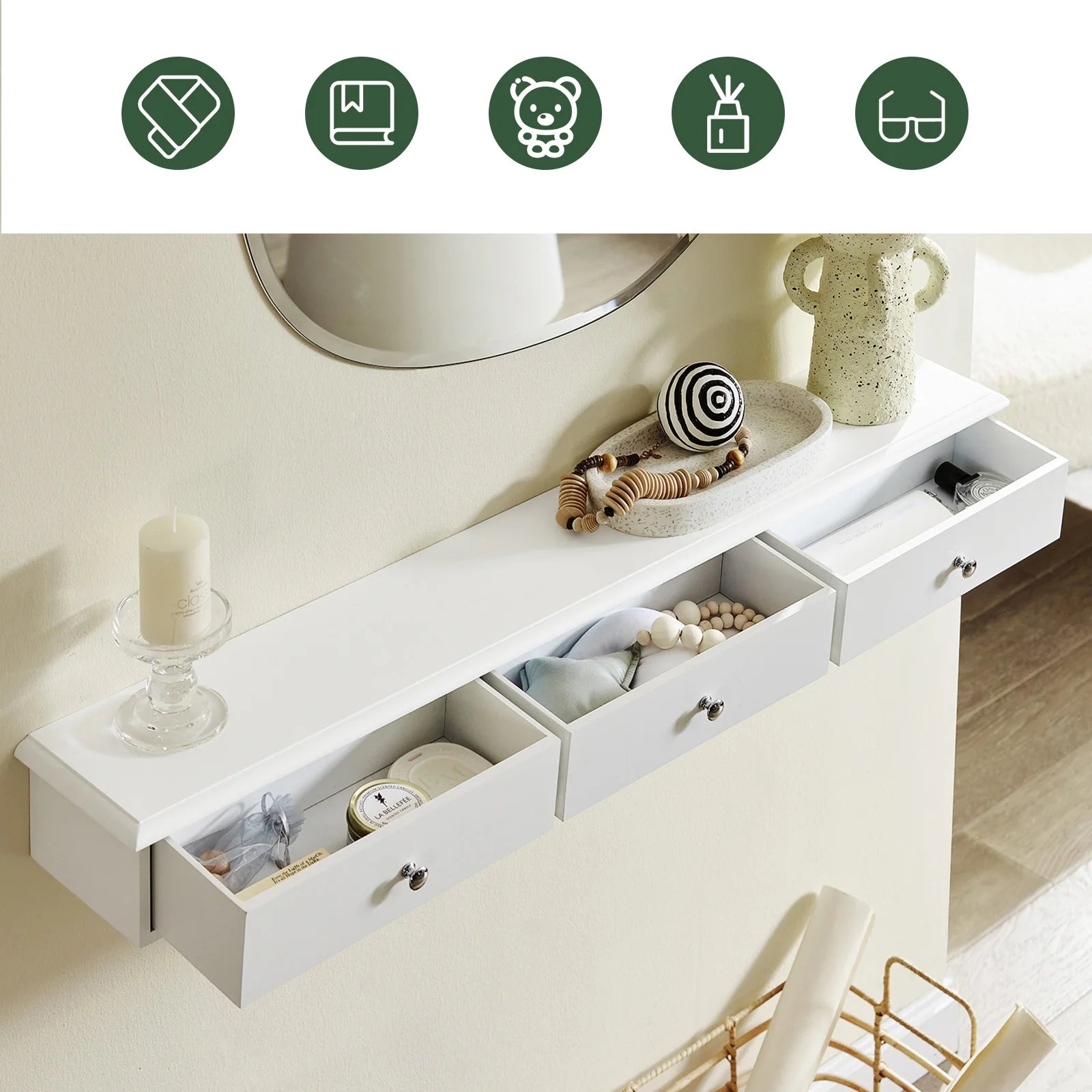 Smalle wandkast met 3 lades – Wandmeubel opbergruimte voor hal, badkamer & woonkamer