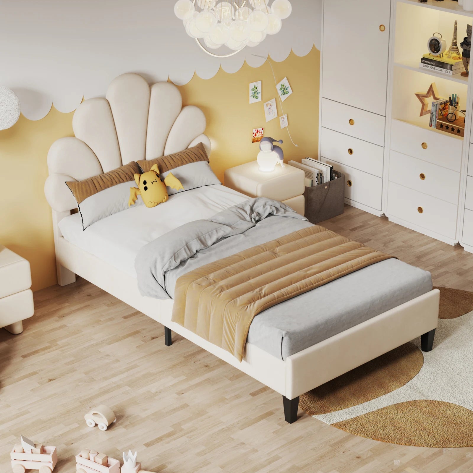 Kinderbed 90x200 Meisjesbed Fluweel Bloemenkroon – Speels & Stijlvol