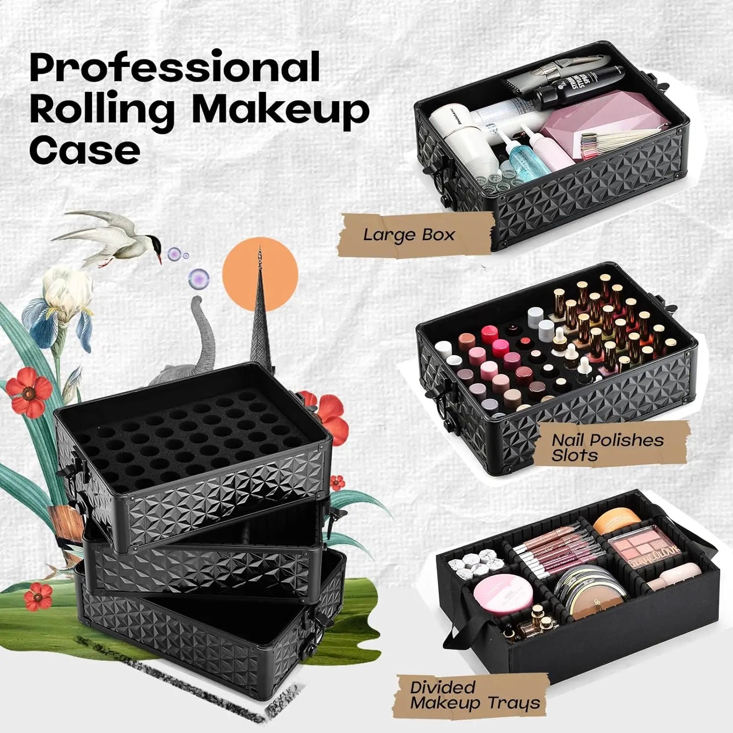 Professionele Make-up Trolley Extra Groot – Rollende Cosmetica Koffer met Wielen en Uittrekbare Handgreep – Organizer voor Visagisten en Thuisgebruik