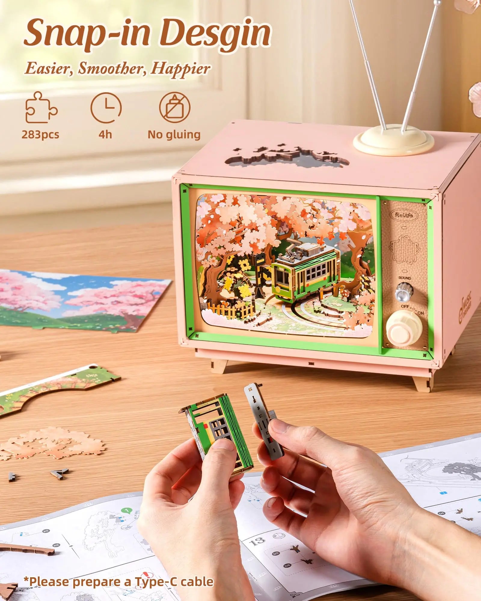 3D Houten Muziekdoos Sakura – DIY Puzzel met LED Licht – Creatief Knutselpakket voor Kinderen en Volwassenen