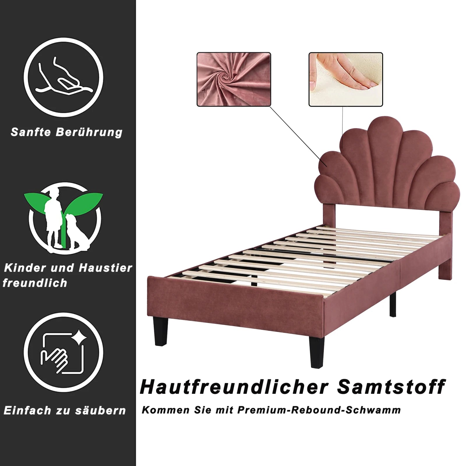 Kinderbed 90x200 Meisjesbed Fluweel Bloemenkroon – Speels & Stijlvol