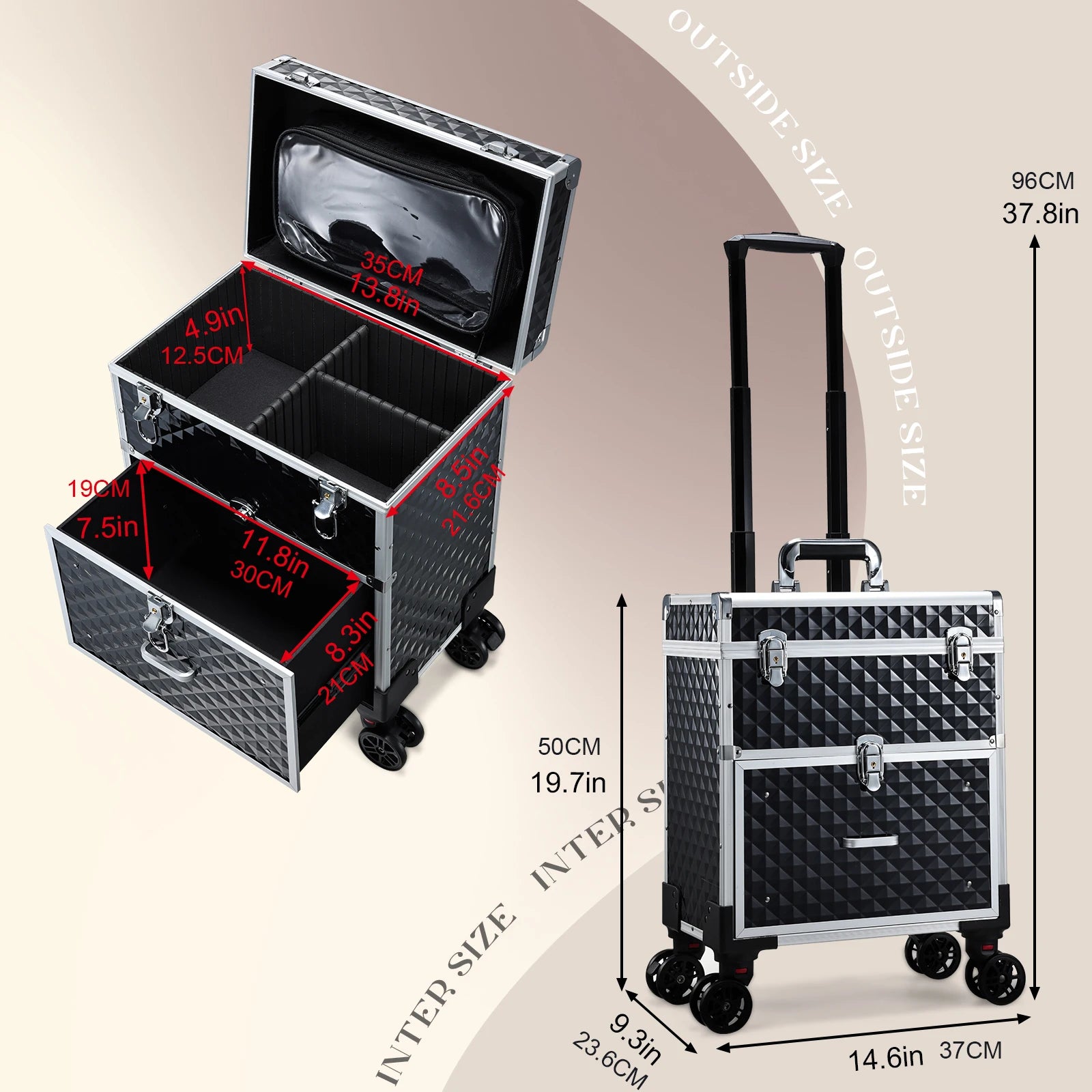 Professionele Rollende Make-up Koffer met Lade – Cosmetica Organizer Trolley voor Make-up Artisten