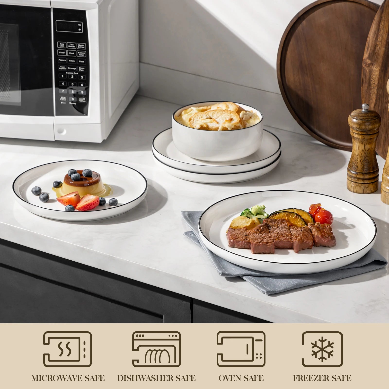 12-delige Serviesset - Wit met zwarte rand – Keramisch Porselein Servies voor 4 Personen – Dinerborden, Dessertborden & Kommen