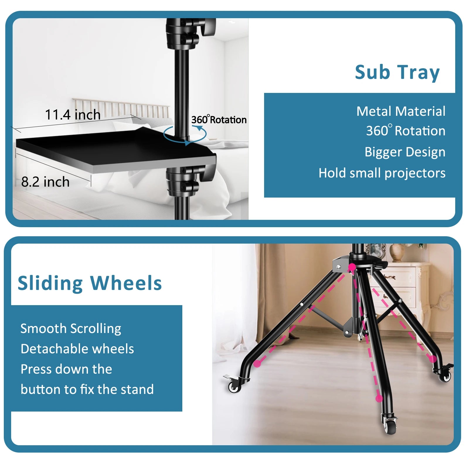 Verstelbaar Projector- en Laptopstatief 145 cm – Mobiel Statief met Wielen voor Camera, Laptop en Projector – Opvouwbaar en Draagbaar