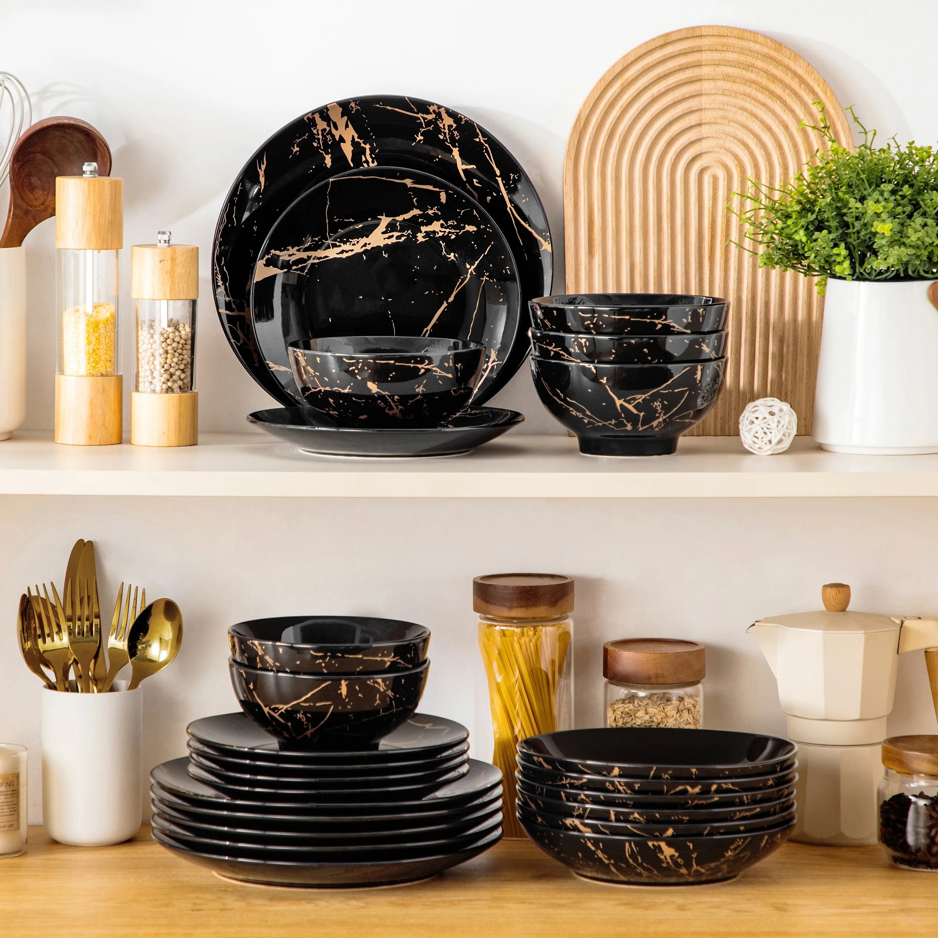 24-delige Goud Serviesset Porselein – Luxe Servies Set voor 6 Personen met Gouden Design Borden en Kommen