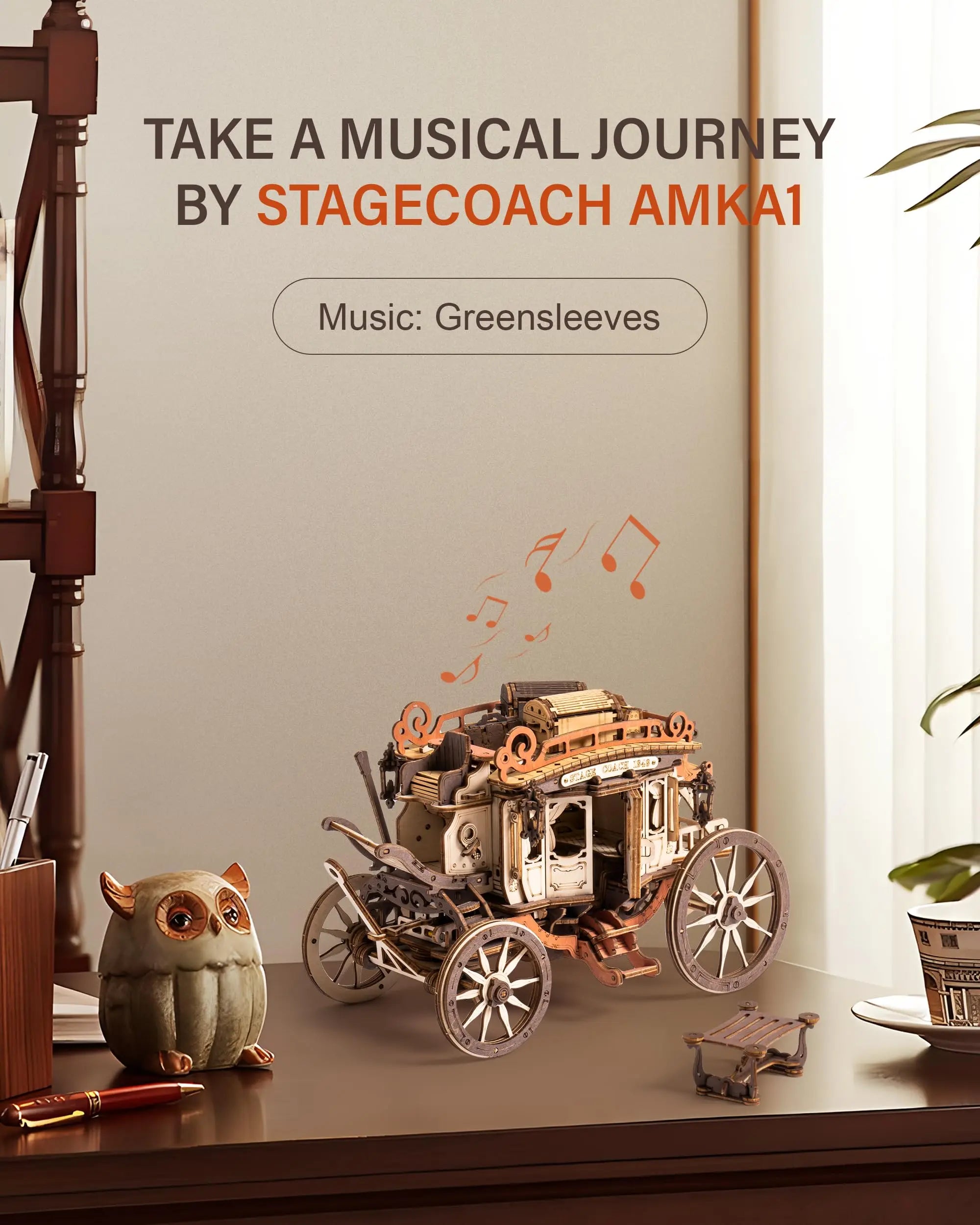 3D Houten Puzzel Muziekdoos – Stagecoach Model voor Volwassenen – Creatieve STEM Hobby Kit