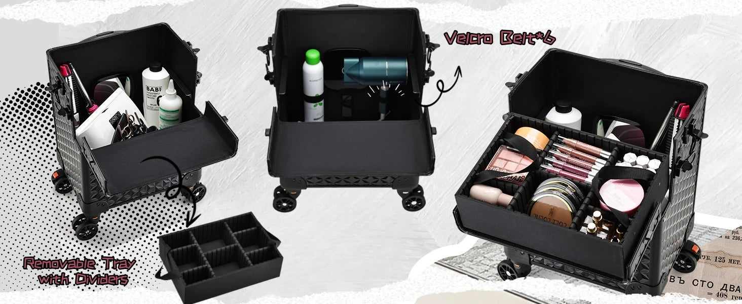 Professionele Make-up Trolley Extra Groot – Rollende Cosmetica Koffer met Wielen en Uittrekbare Handgreep – Organizer voor Visagisten en Thuisgebruik