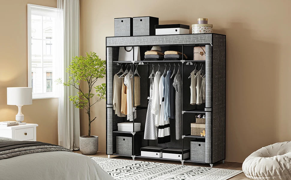 Opvouwbare Kledingkast met Stof – 162x43x175 cm – Draagbare Garderobekast met 3 Hangroedes en 9 Opbergvakken – Zwarte Stoffen Kast voor Slaapkamer