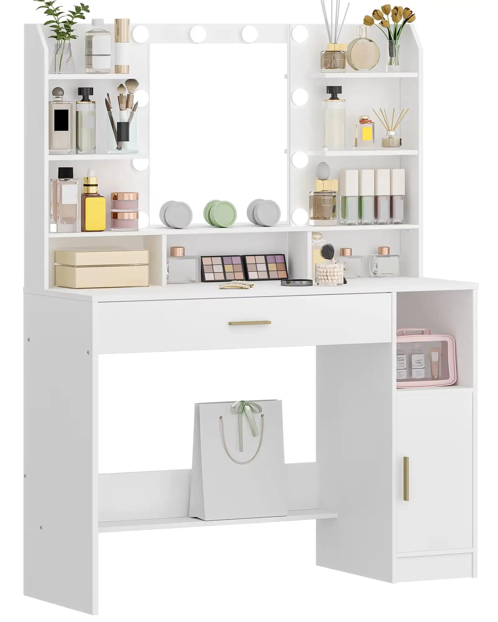 Kaptafel met Spiegel en LED Verlichting – Moderne Make-up Tafel met Lades, Open Opbergruimte en Verstelbare Verlichting – Wit