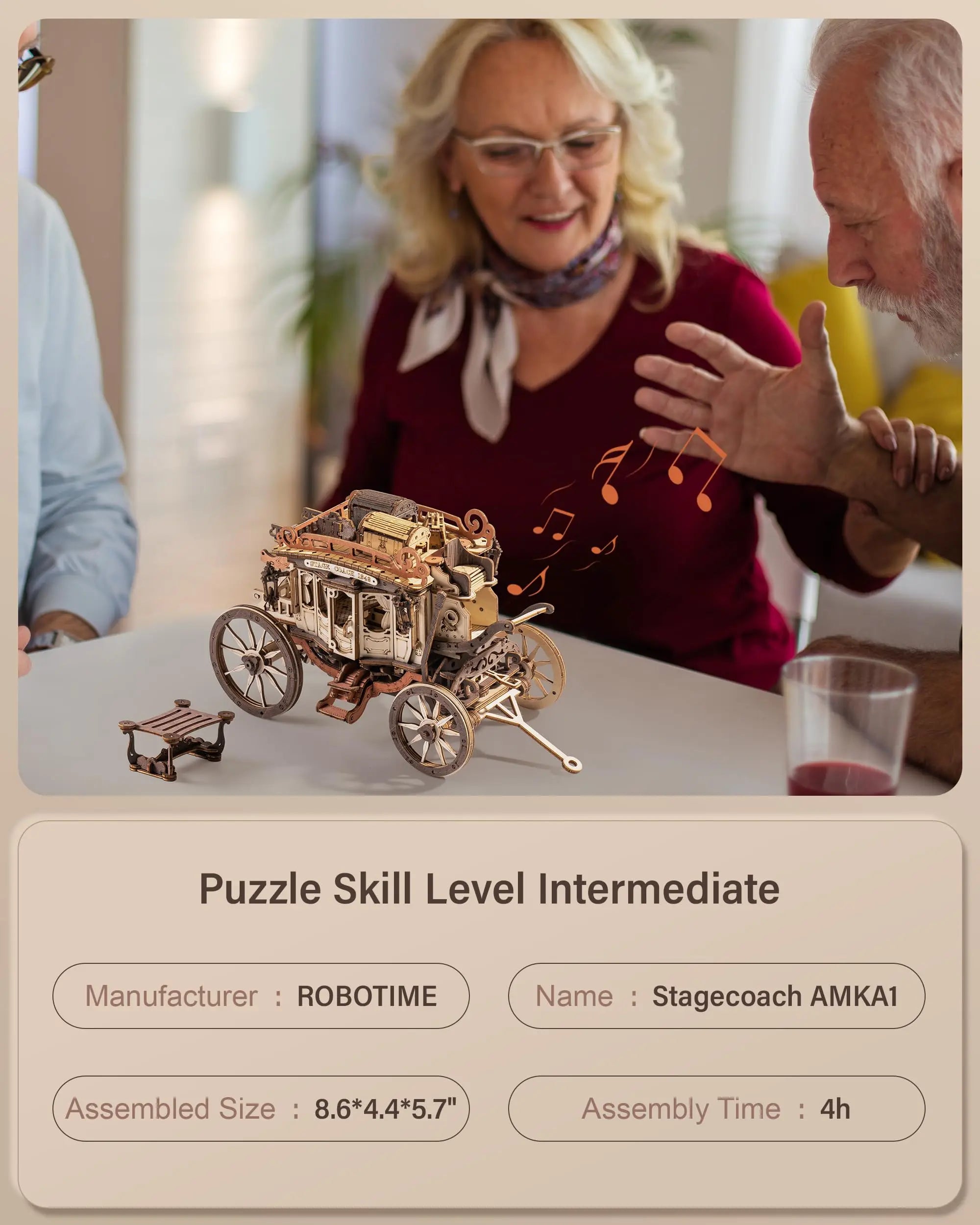 3D Houten Puzzel Muziekdoos – Stagecoach Model voor Volwassenen – Creatieve STEM Hobby Kit