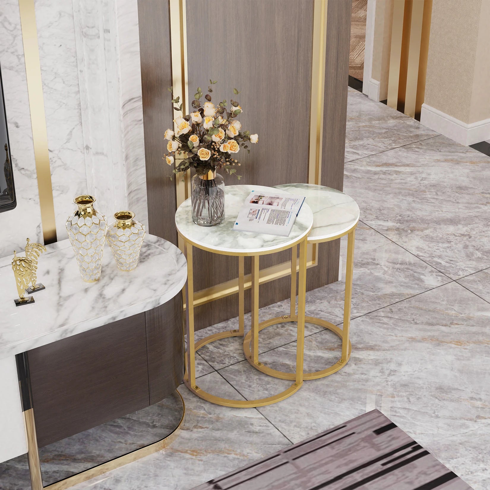 Set van 2 Ronde Bijzettafels – Gesinterd Steen & Gouden Metaal – Moderne Nesting Tafels Wit