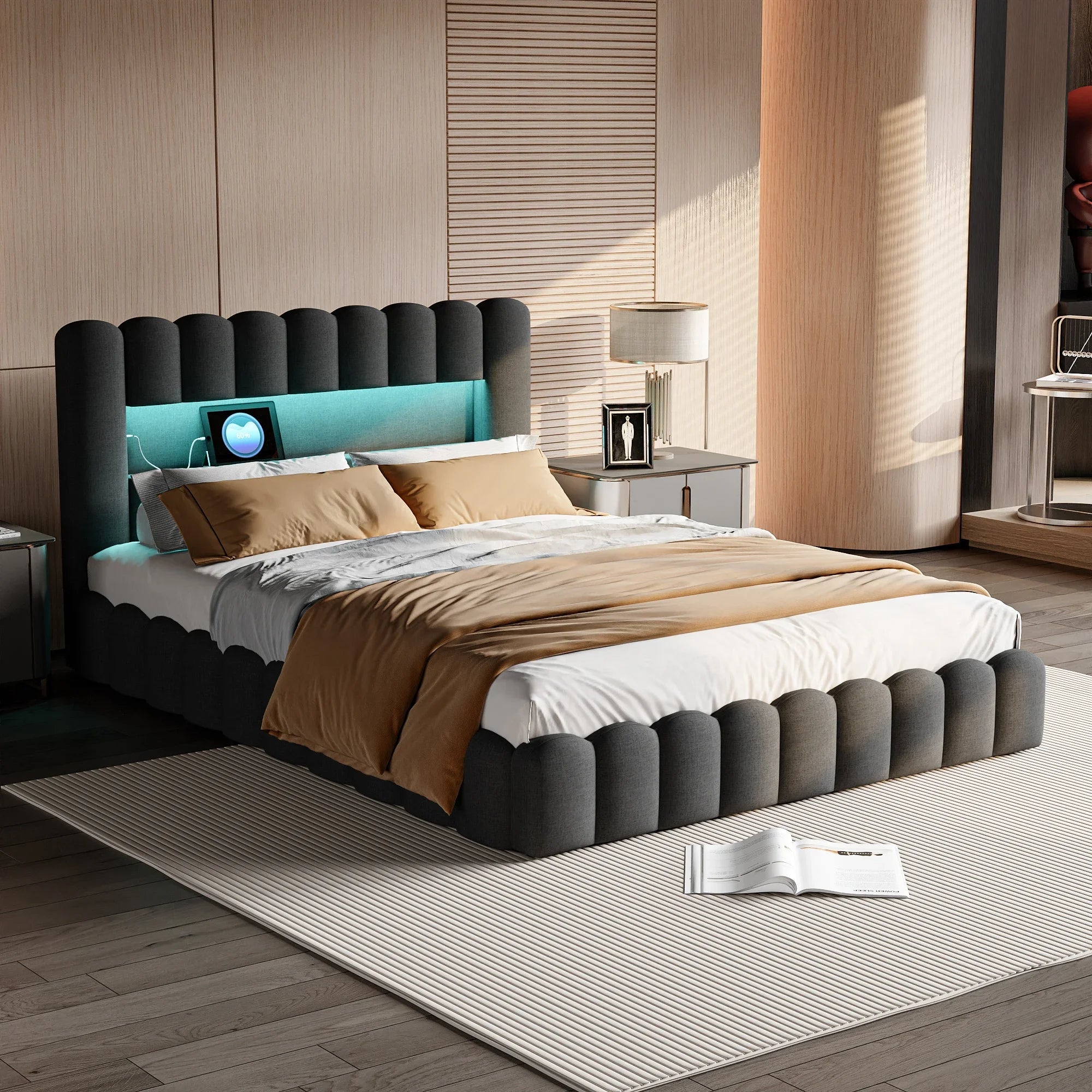Gestoffeerd Tweepersoonsbed 140–180 cm met LED‑verlichting, USB‑poorten en Opbergruimte – Modern Opbergbed