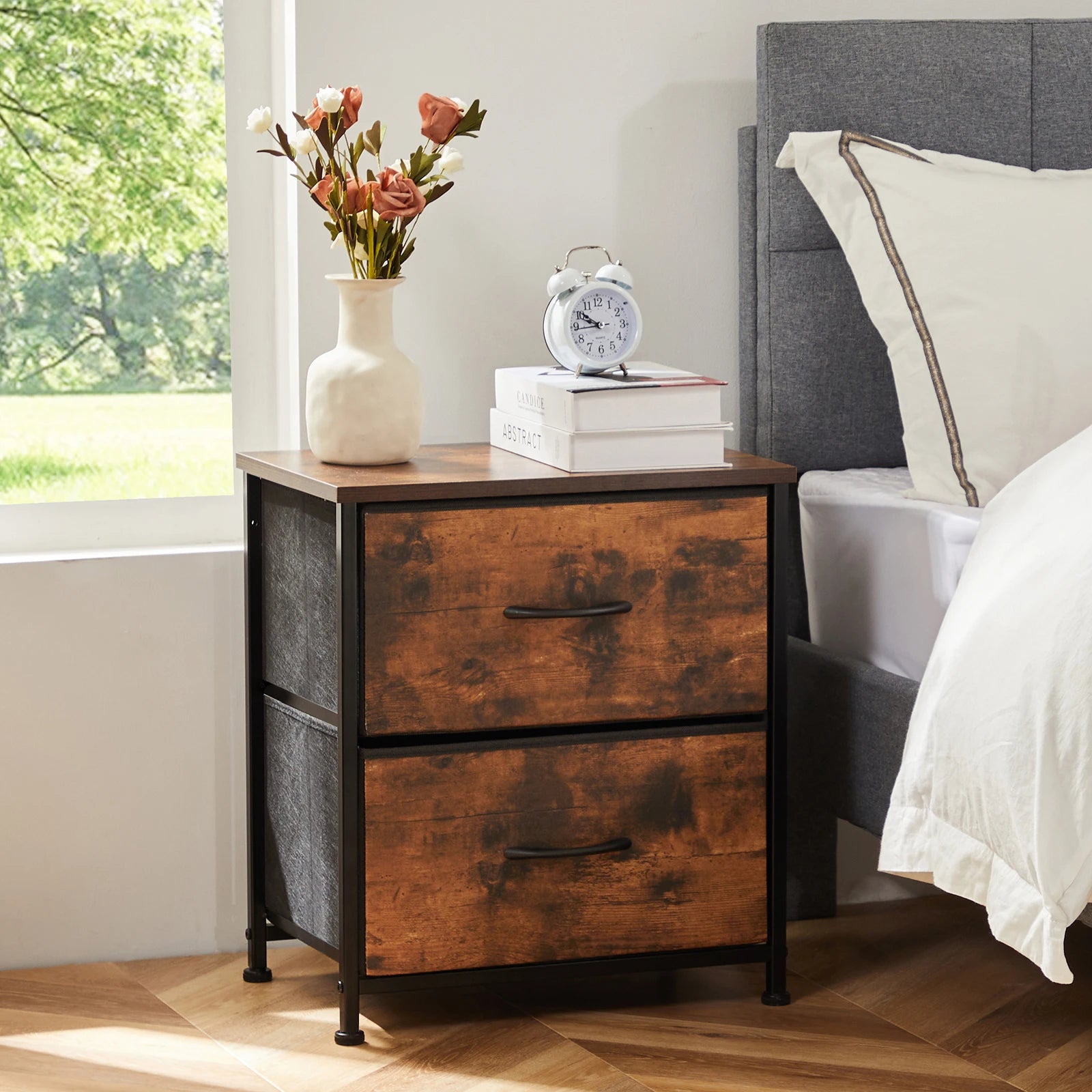 Multifunctioneel Nachtkastje met 2 Stoffen Lades – Modern Bijzettafel voor Slaapkamer en Woonkamer