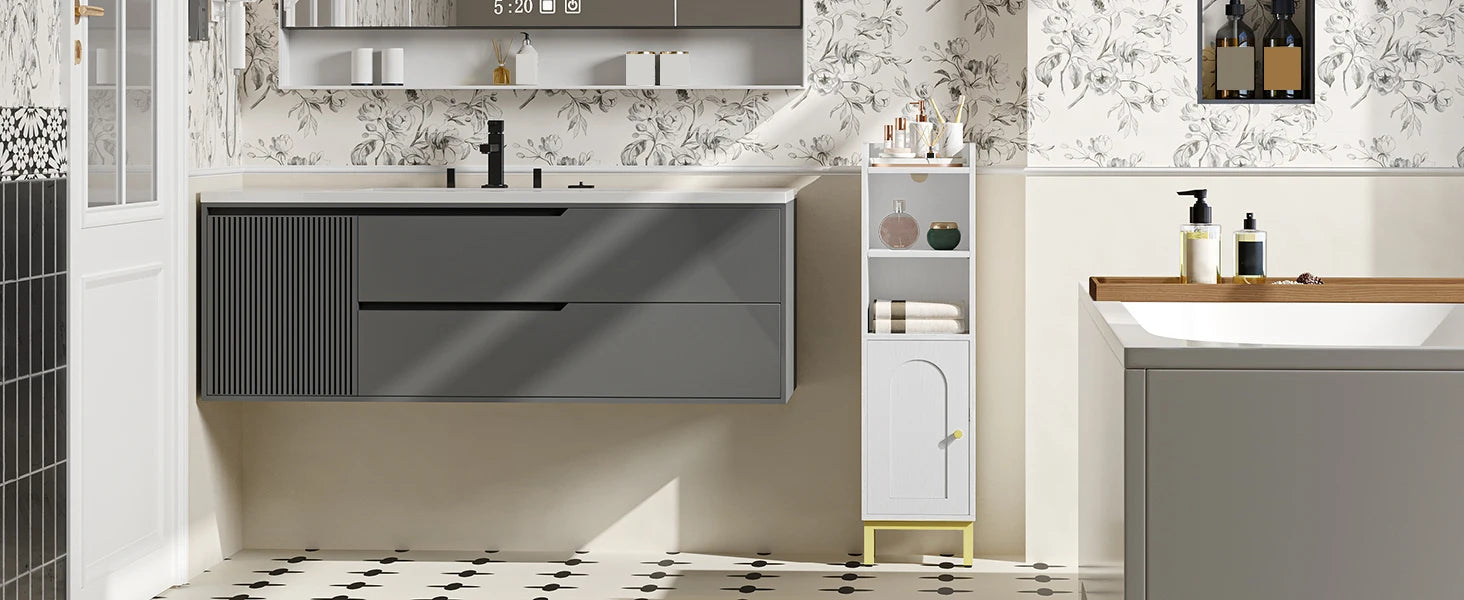 Smalle Badkamerkast met Deur en Verstelbare Planken – Ruimtebesparende Toiletkast – Moderne Badkamer Opbergkast Wit/Zwart