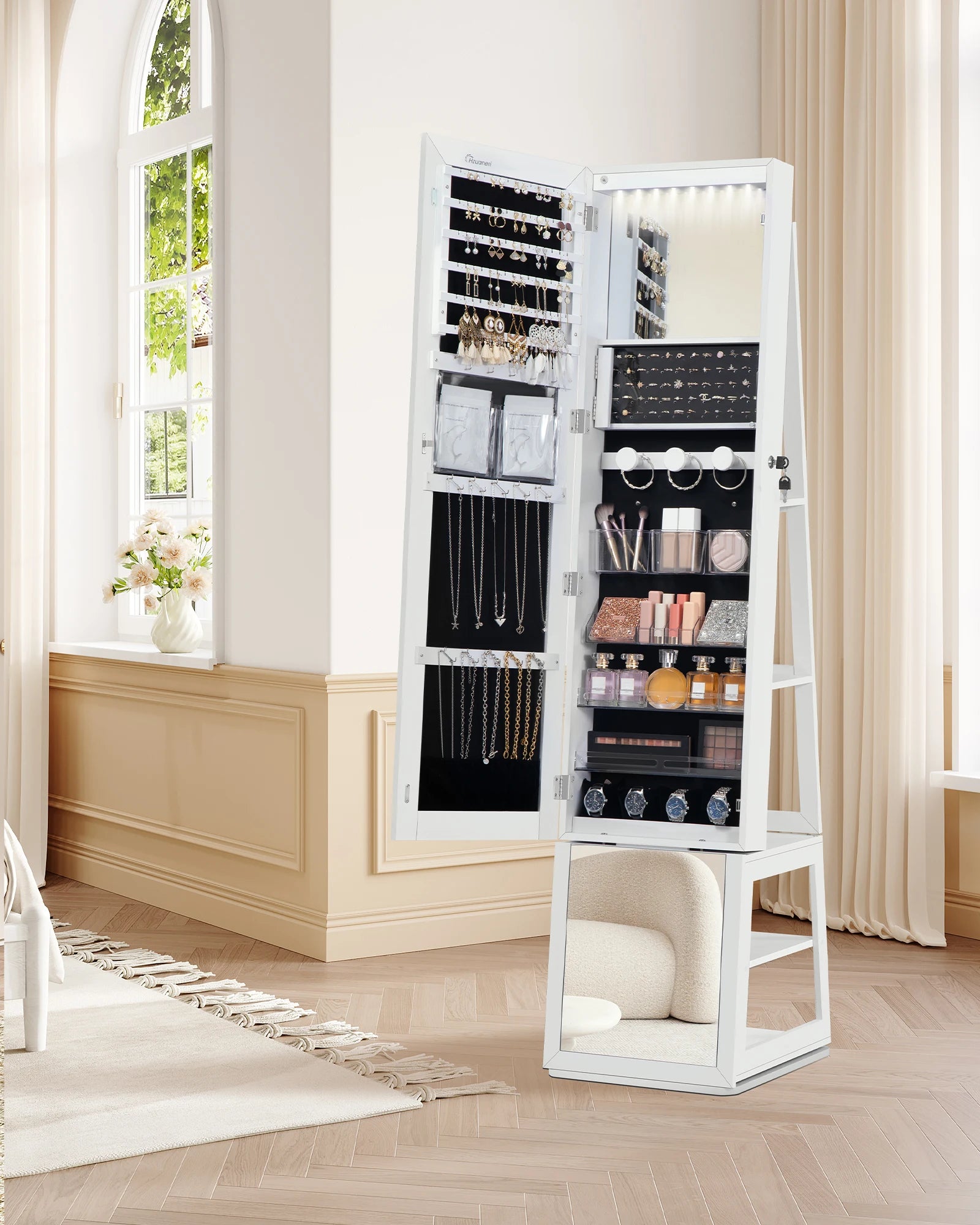 Sieradenkast met Spiegel 360° Draaibaar – Staande Sieraden Organizer met LED Verlichting & Opbergruimte