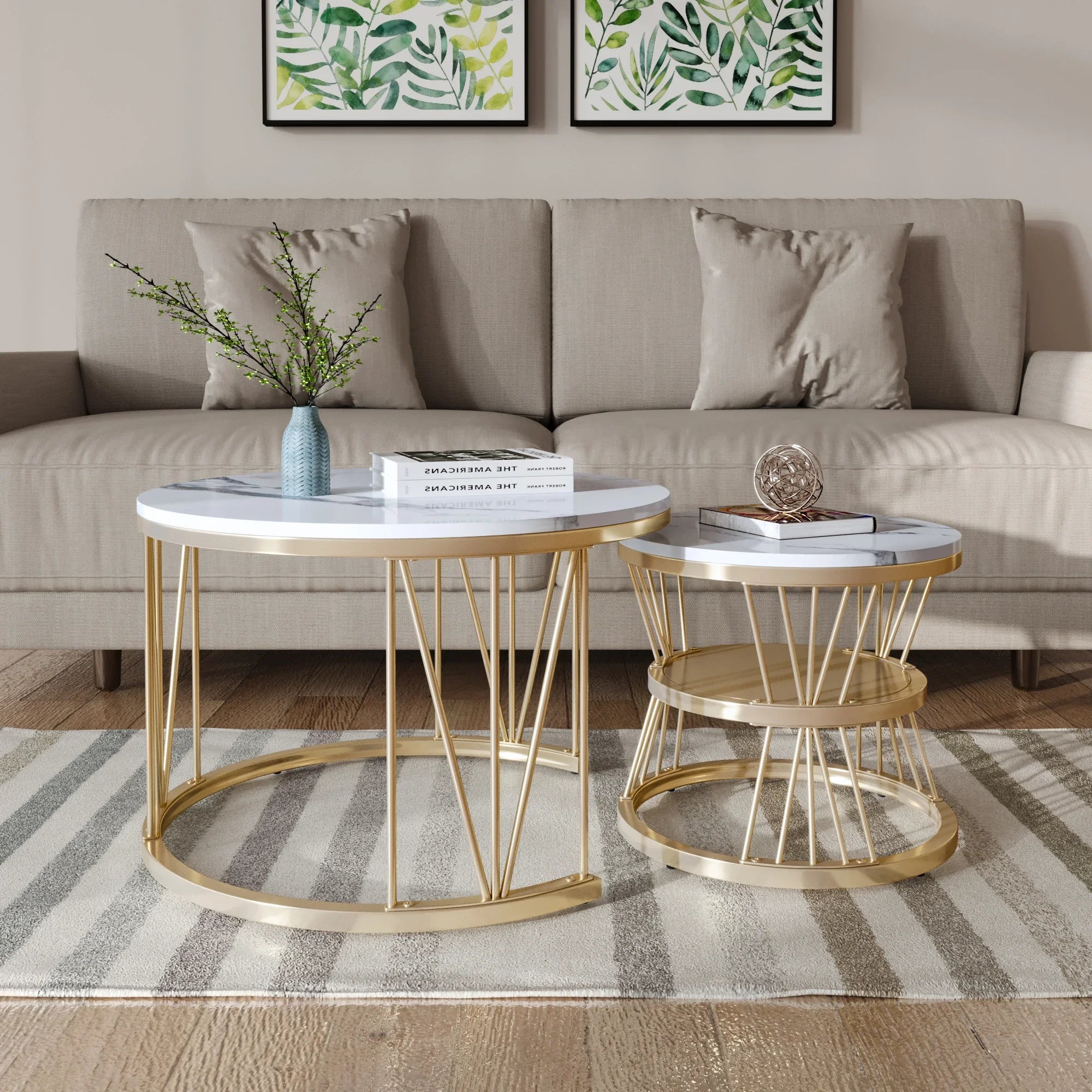 Set van 2 Ronde Marmeren Koffietafels – Goud/Wit – Luxe Salontafel Set