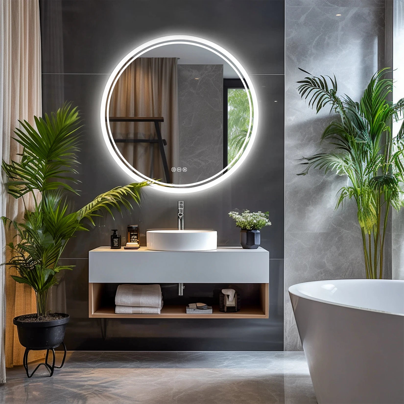 LED Badkamerspiegel Rond – Dimbaar met Anti-Condens, 3 Lichtkleuren & Touch Sensor IP65 Waterdicht