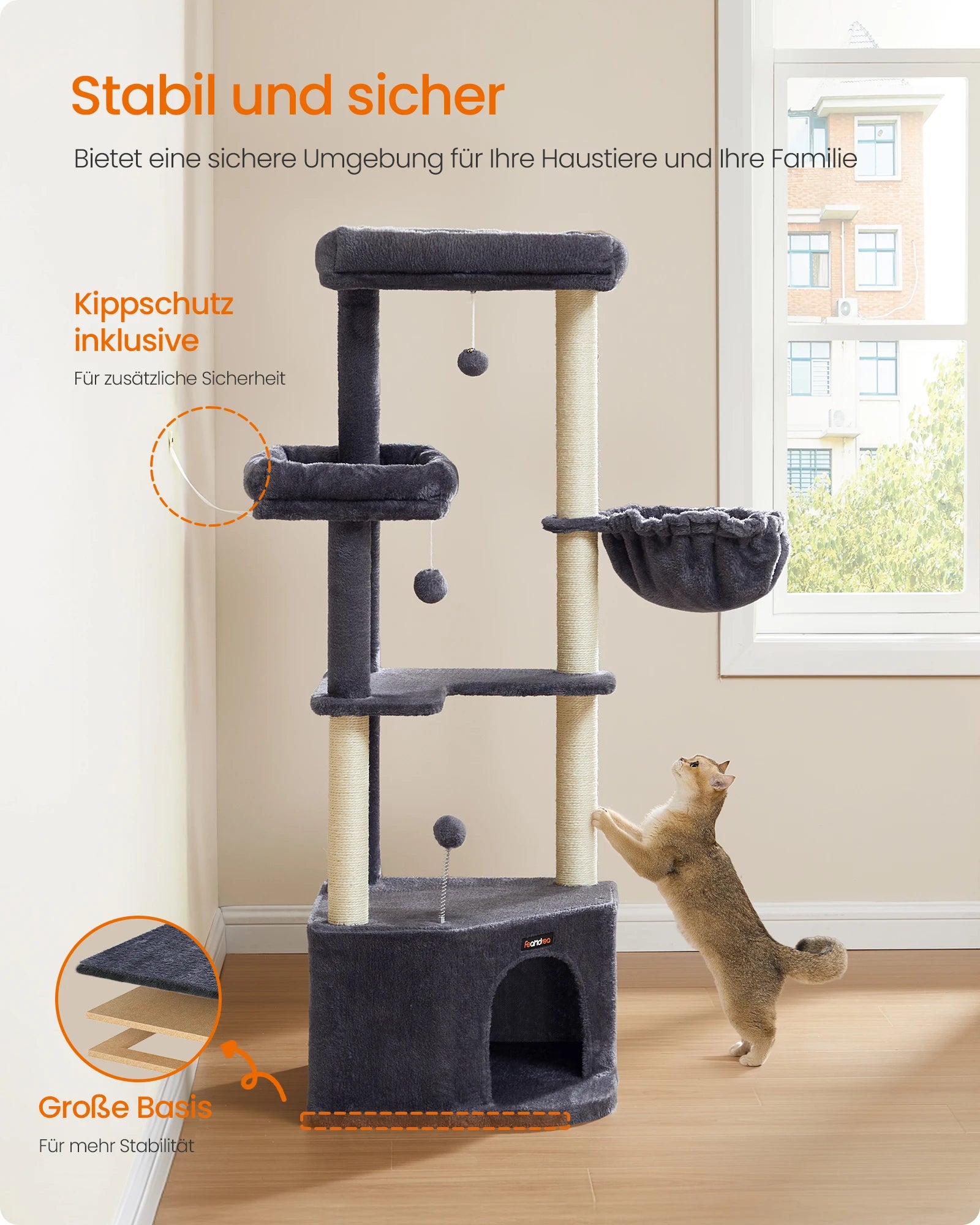 Krabpaal Hoekmodel 140 cm – Grote Kattenboom met Huisje, Mand & Platforms – Stabiele Krabtoren voor Grote Katten