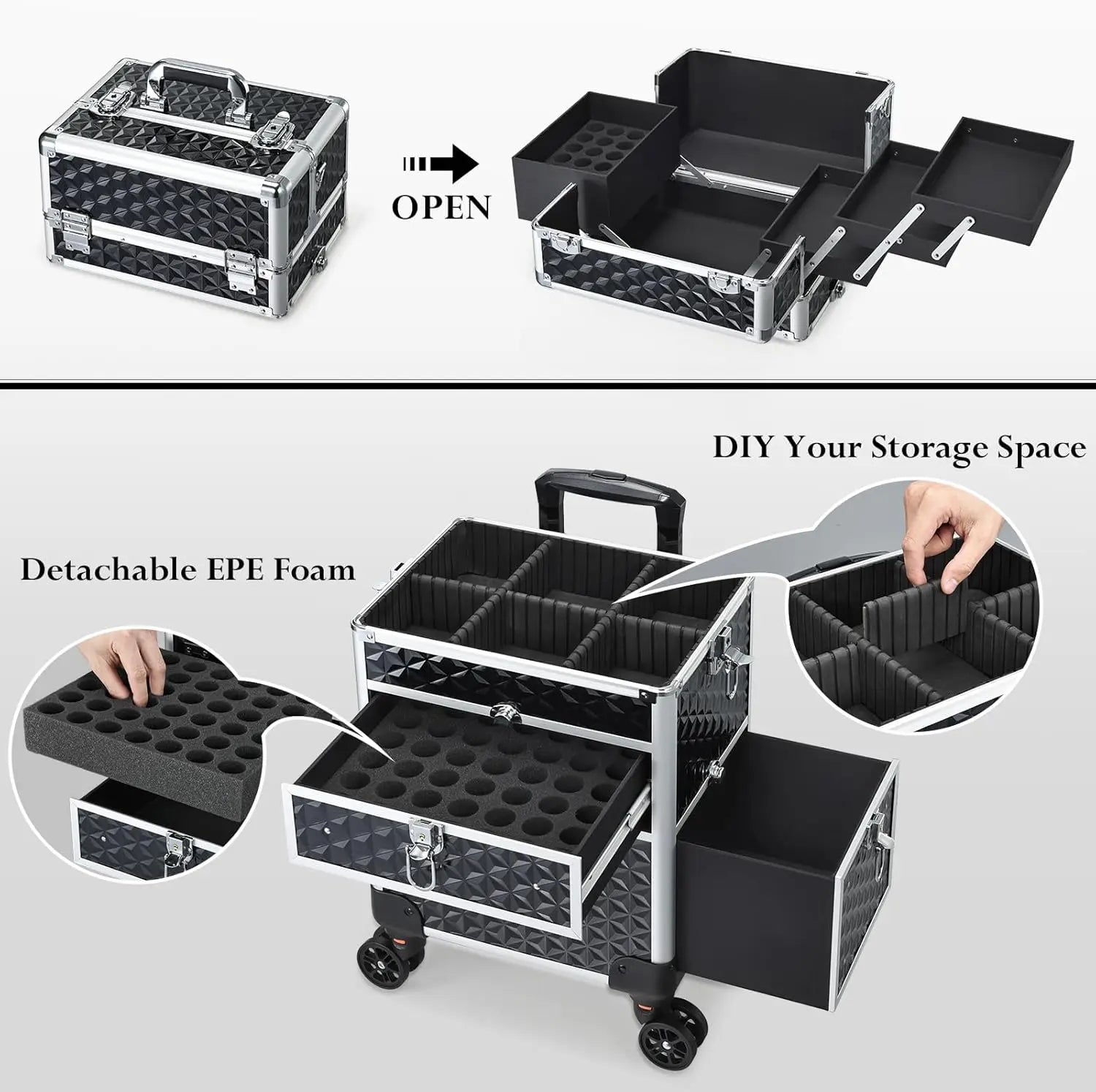 Professionele Rollende Make-up Koffer met Wielen en Laden – Grote Train Case voor Cosmetica – Reiskoffer voor Schoonheidsspecialisten