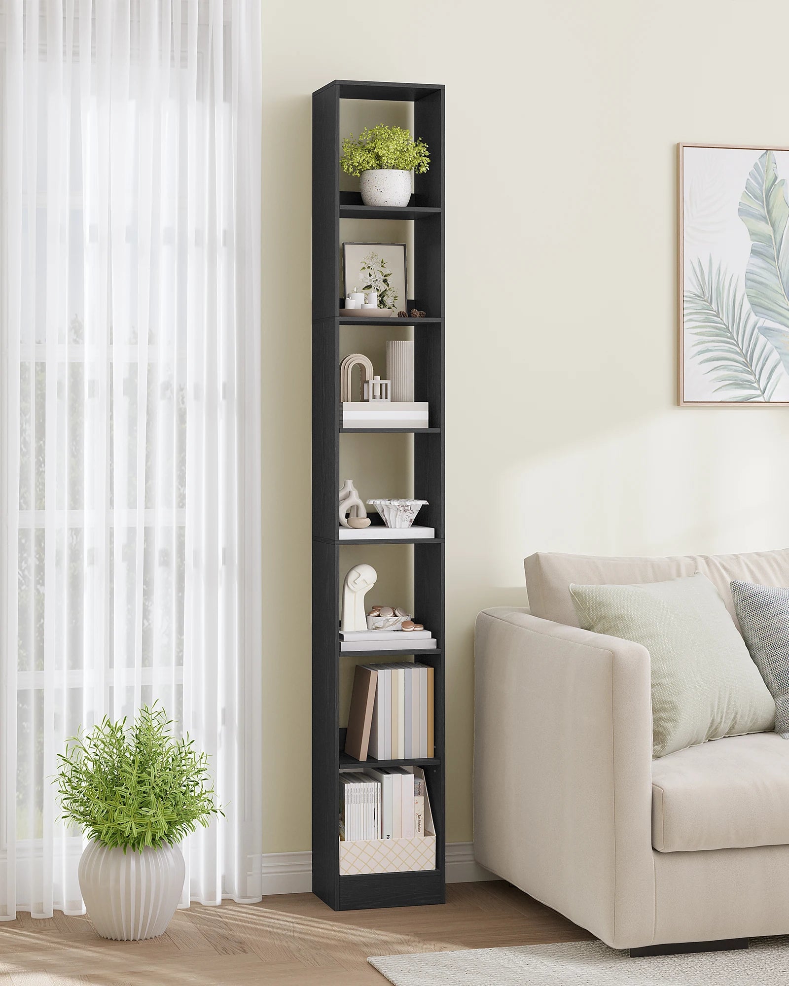 7-Laagse Boekenkast Smal – Moderne Open Kast met Verstelbare Planken – Houten Opbergkast voor Woonkamer, Slaapkamer en Kantoor