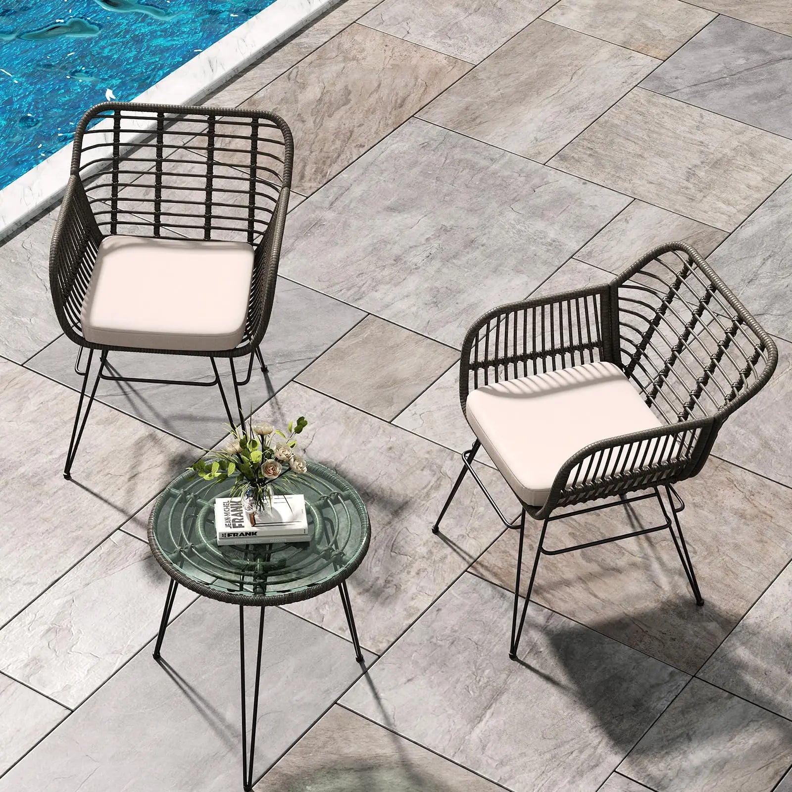 3-Delige Rotan Bistroset met Kussens – 2 Tuinstoelen & Glazen Bijzettafel – Balkonset voor Tuin, Terras & Balkon