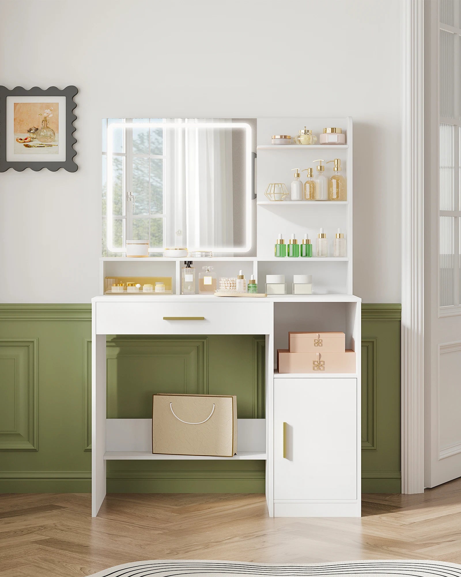 Kaptafel met Spiegel en LED Verlichting – Moderne Make-up Tafel met Lades, Opbergruimte en Kast – Witte Dressing Table met Verstelbaar Licht