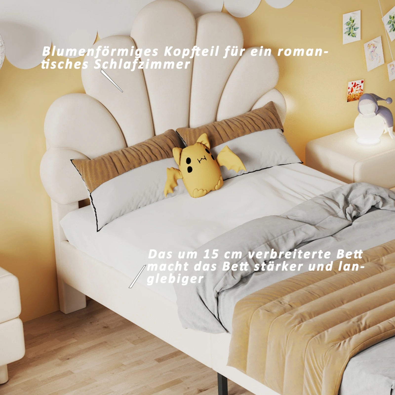 Kinderbed 90x200 Meisjesbed Fluweel Bloemenkroon – Speels & Stijlvol